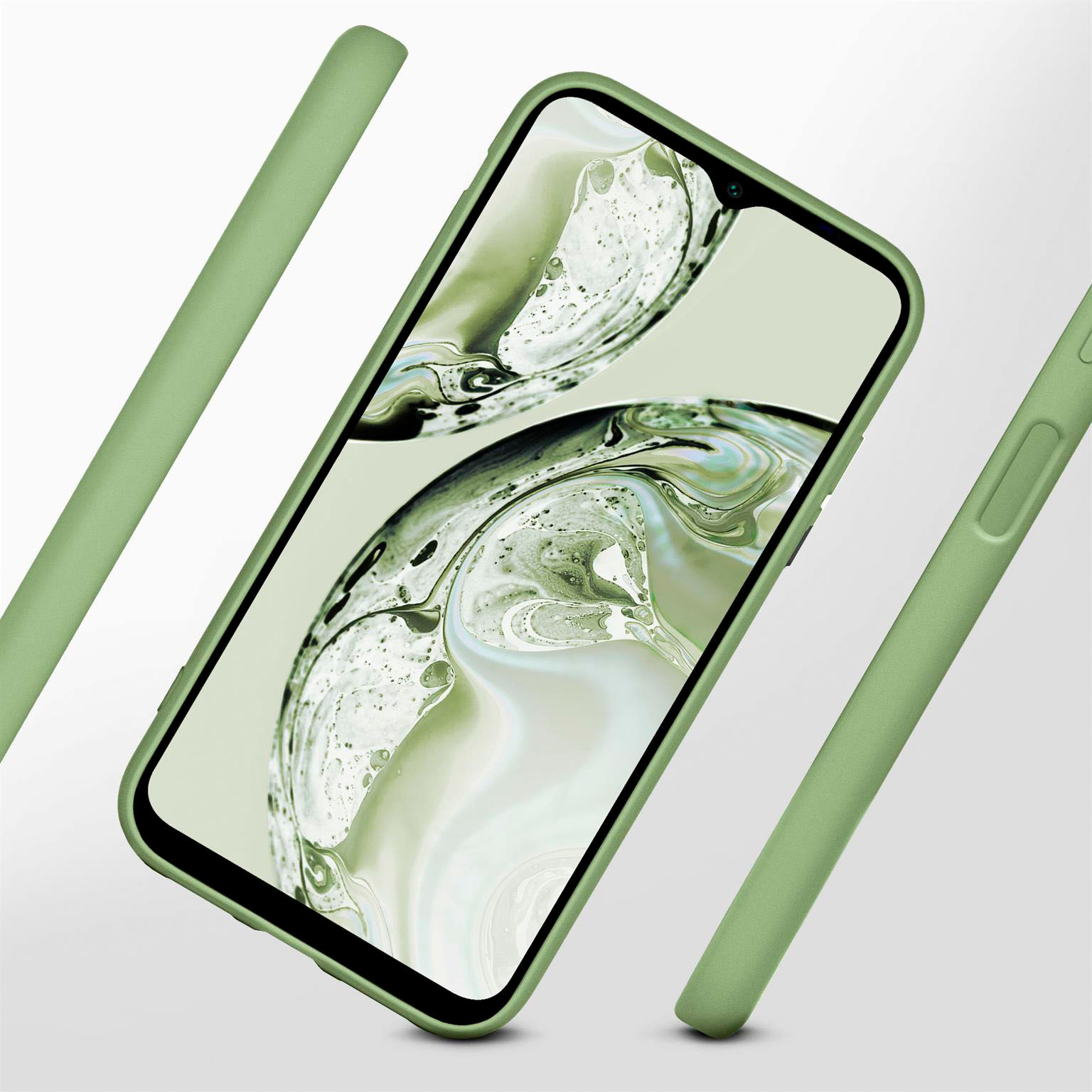 Eine Handyhülle mit einem Telefon im Inneren, in hellgrüner Farbe. Drei separate Teile der Hülle sind ebenfalls sichtbar.