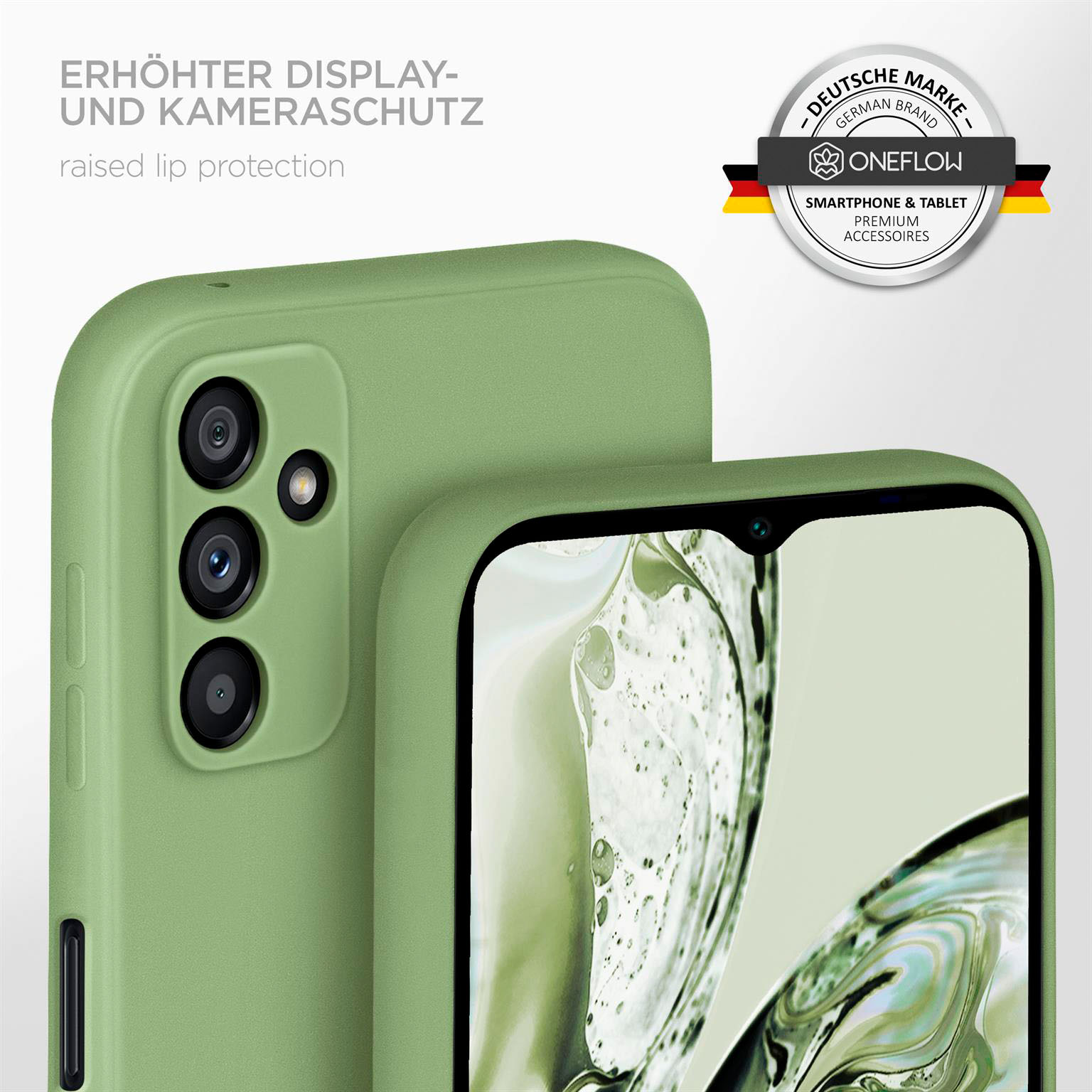 Eine grüne Handyhülle mit einem Telefon. Die Kamera ist sichtbar. Ein Logo ist oben.