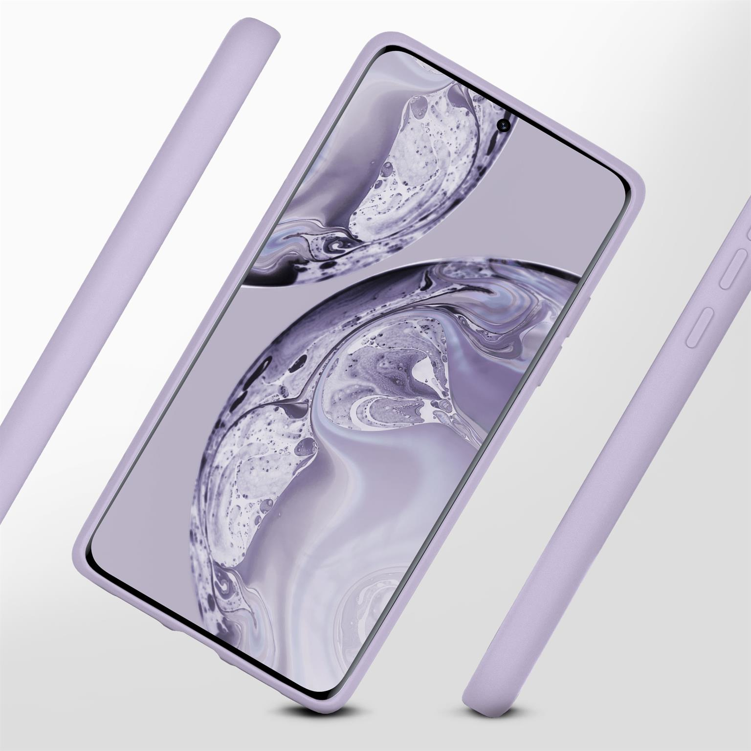 Lila Telefon und Gehäuseteile, schwebend. Weißer Hintergrund.
