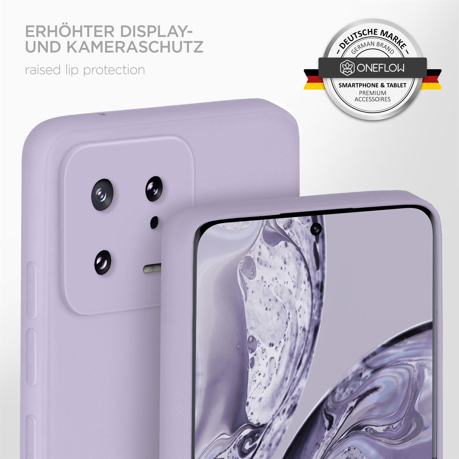 Lila Handyhülle mit Telefon, erhöhter Lippenschutz, Markenlogo sichtbar.