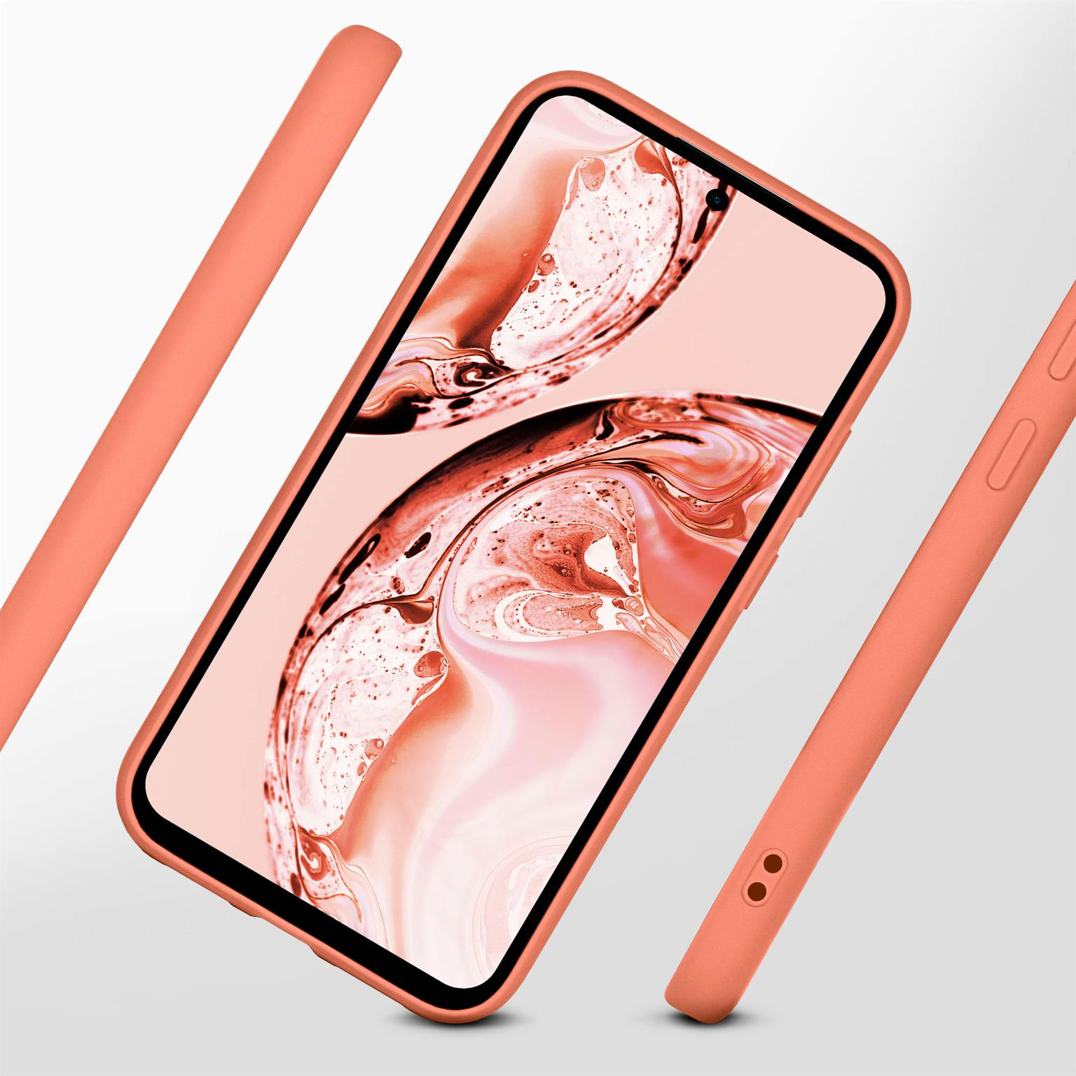 Ein rotes Telefon in einer roten Hülle. Das Telefon ist abgewinkelt, zeigt Bildschirm und Seiten.