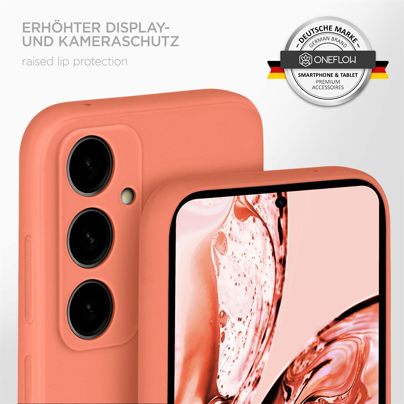 Orangefarbene Handyhülle mit Telefon. Text: erhöhter Lippenschutz, Smartphone-Zubehör.