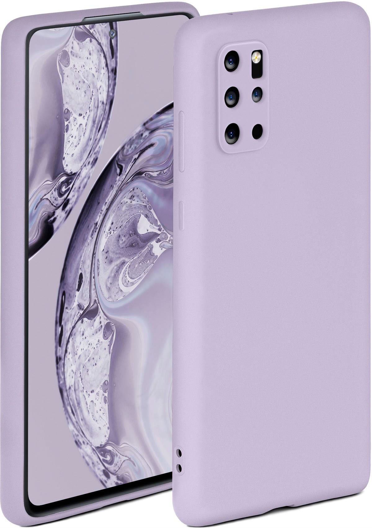 Helllila Handyhülle auf einem Telefon, Seitenansicht. Hintergrund ist ein verschwommenes Design.