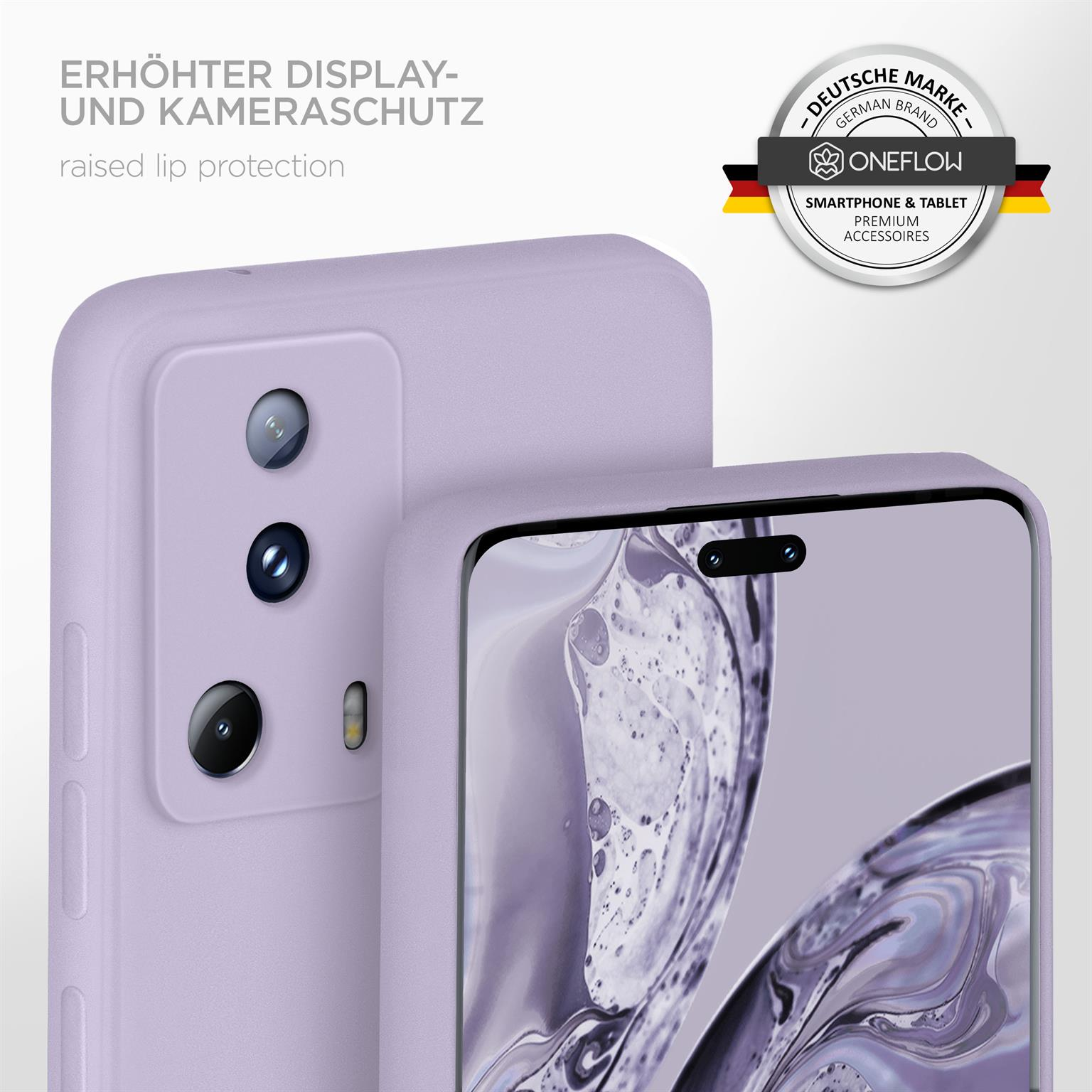 Lila Handyhülle mit Telefon. Text: Erhöhter Lippenschutz. Deutsches Markenlogo.