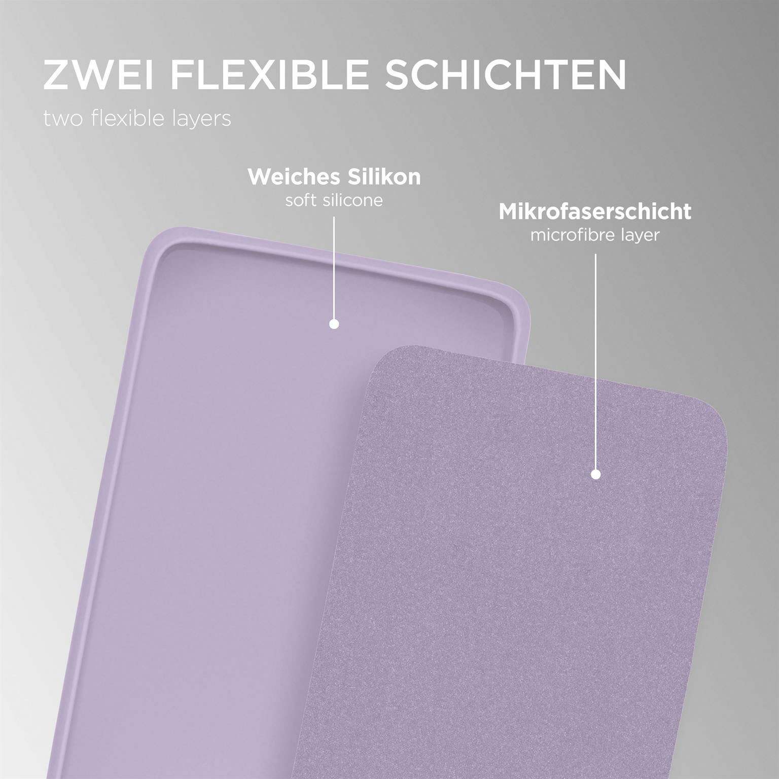 Zwei flexible Schichten der Handyhülle. Weiches Silikon und Mikrofaserschicht sind sichtbar.
