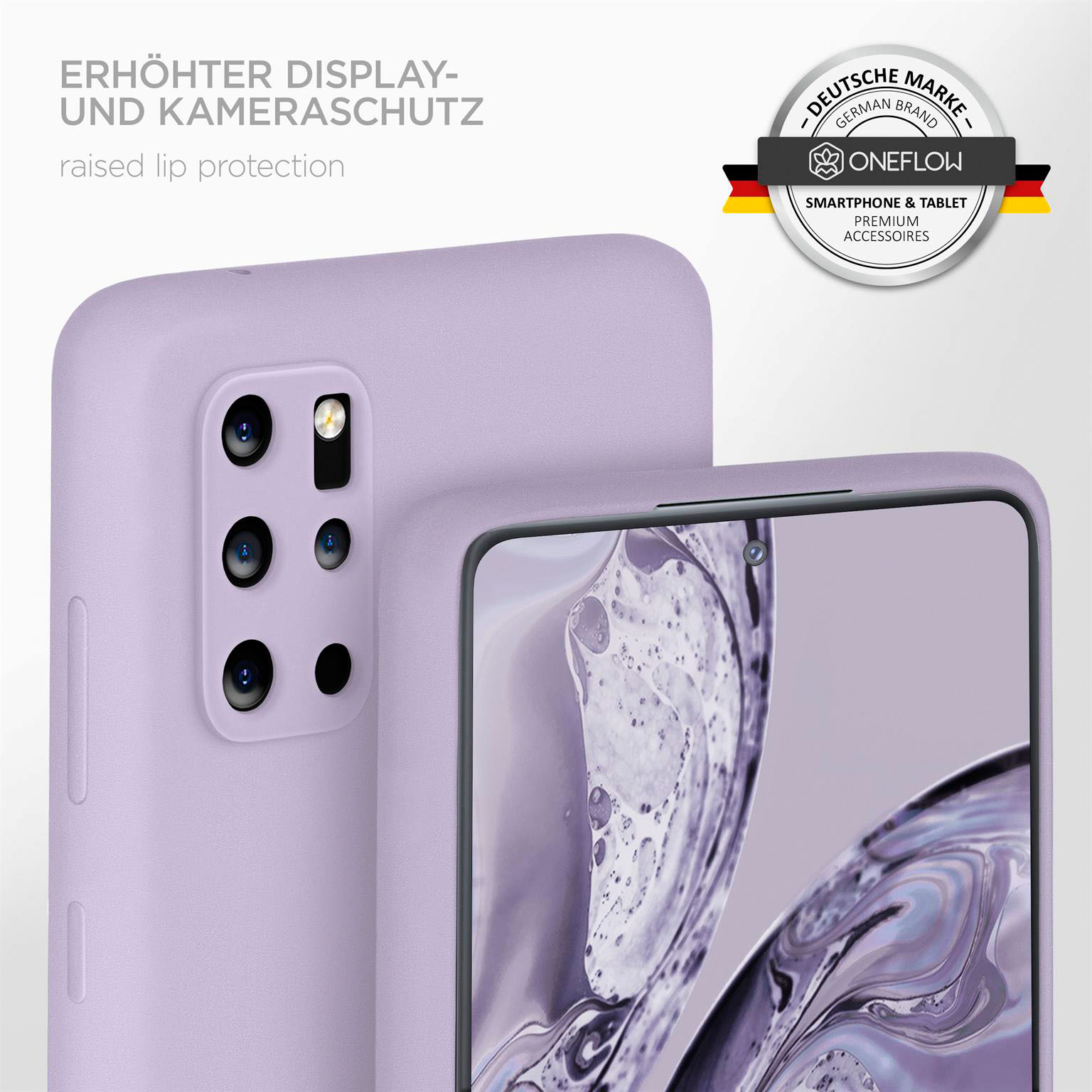 Lila Handyhülle mit Telefon, weißer Hintergrund, Logo.