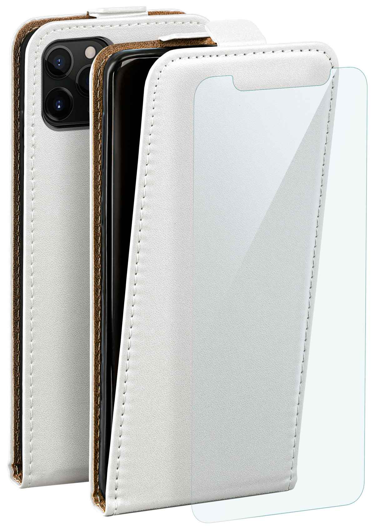 Weiße Handyhülle mit Klappe. Ein Telefon ist darin. Ein Displayschutz befindet sich an der Seite.