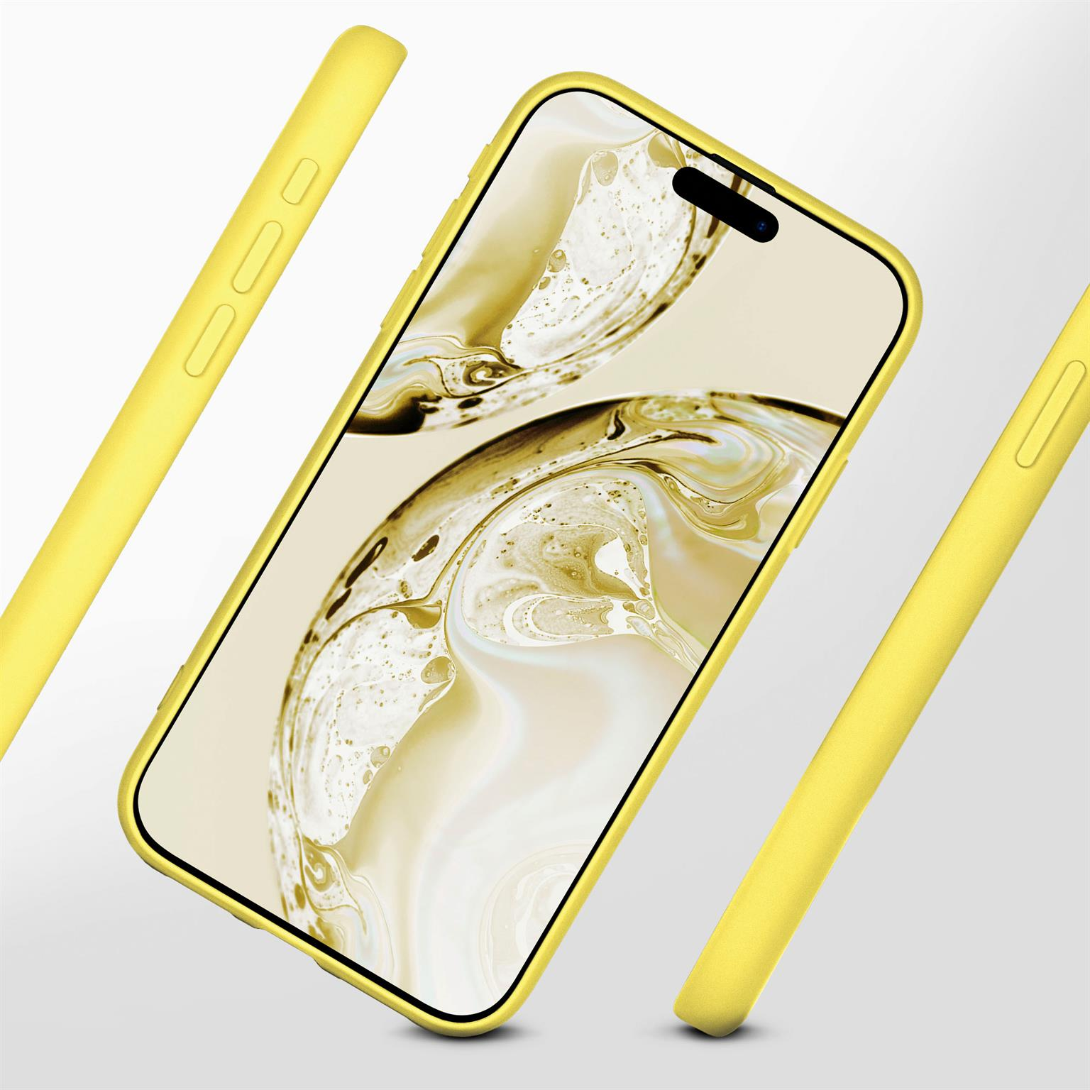 Ein gelbes Telefon in einer gelben Hülle, mit gelben Hüllenteilen darum. Der Bildschirm zeigt einen gelben Hintergrund.