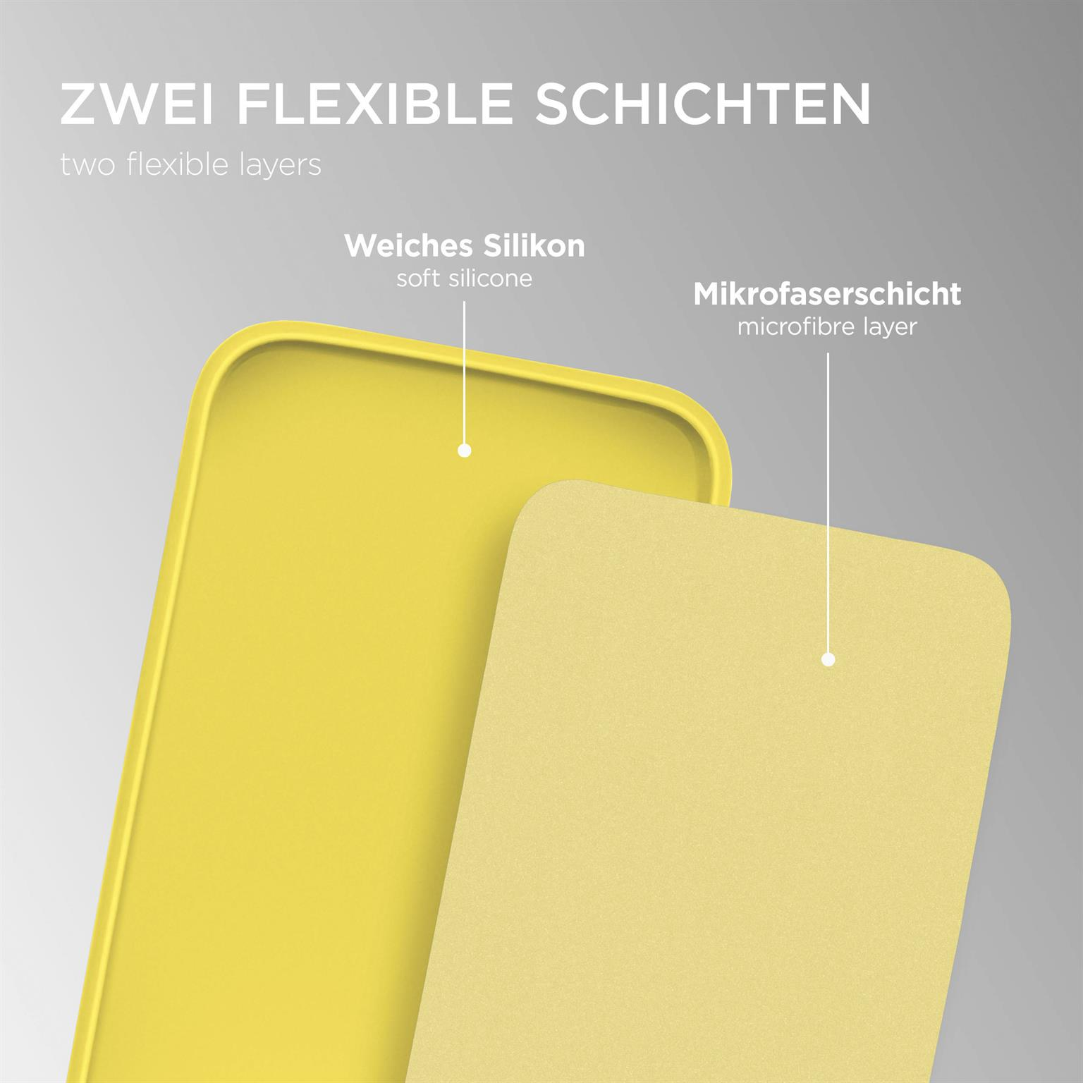 Gelbe Hülle zeigt zwei Schichten. Mikrofaser und Silikon.