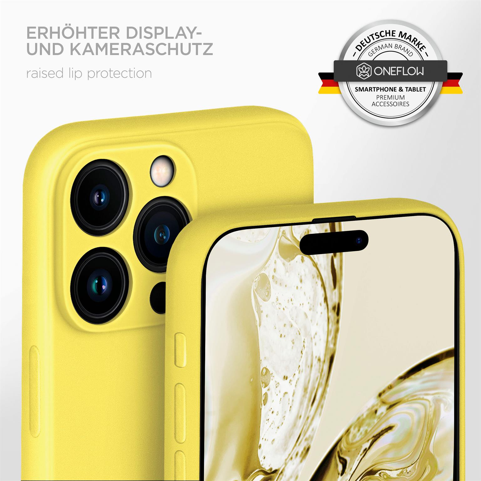 Gelbe Handyhülle mit erhöhten Kanten. Telefonbildschirm sichtbar. Deutsches Markenlogo im Hintergrund.