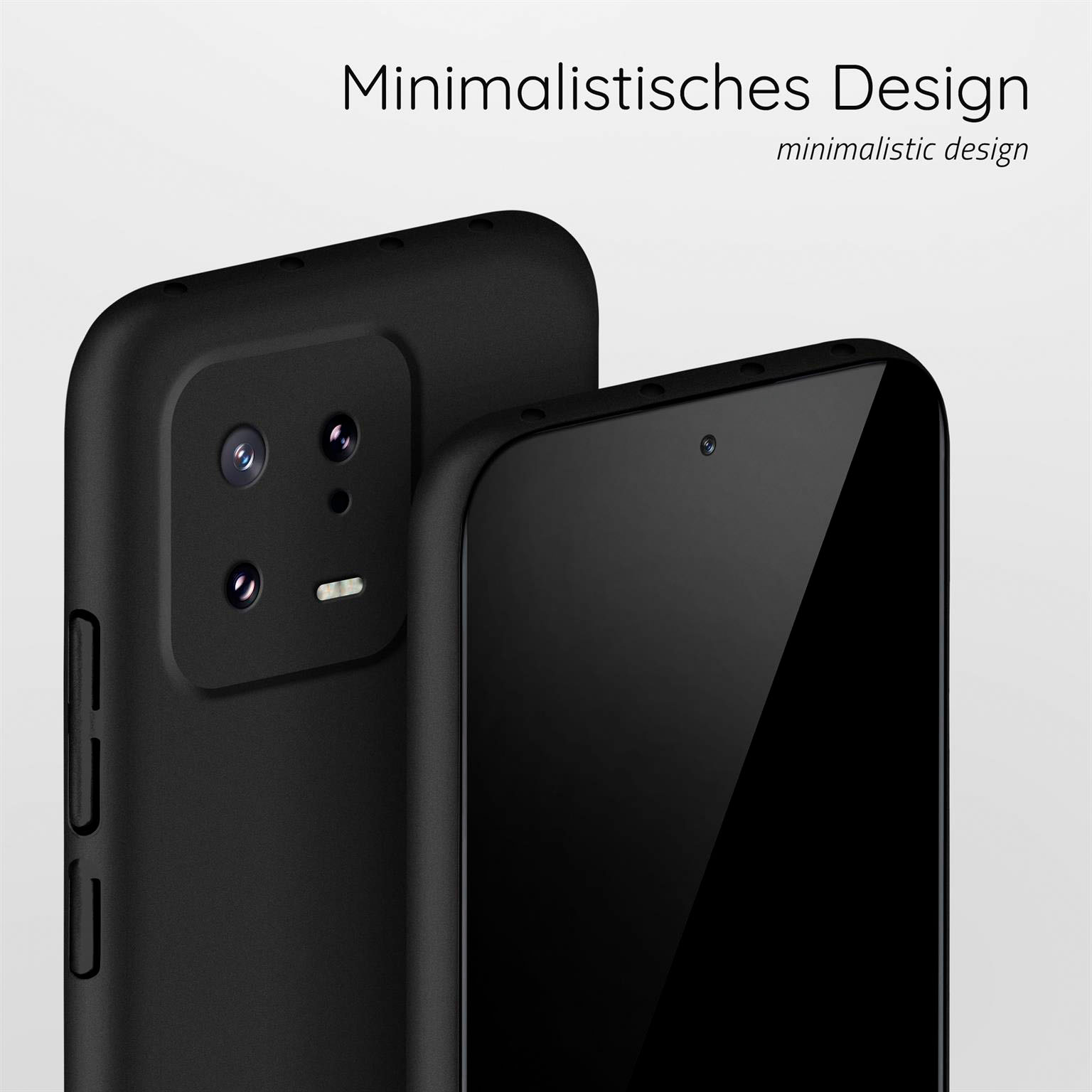 Schwarze Handyhülle mit Telefon. Text: Minimalistisches Design.
