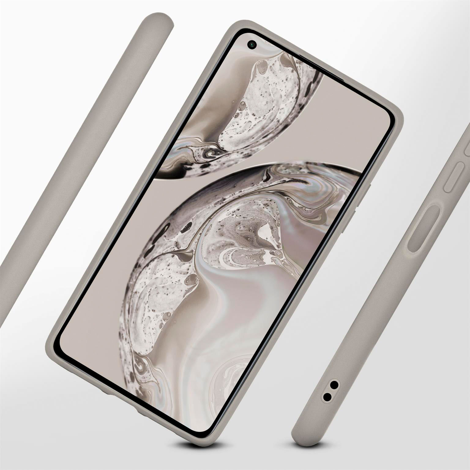 Beiges Telefon mit beigen Hüllen. Telefonbildschirm zeigt beiges Design. Hüllen um das Telefon.