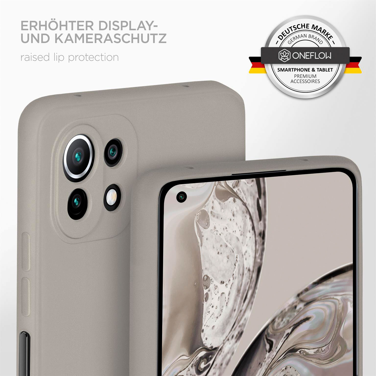Eine hellgraue Handyhülle mit einem Telefon darin, das eine erhöhte Lippe zum Schutz zeigt.