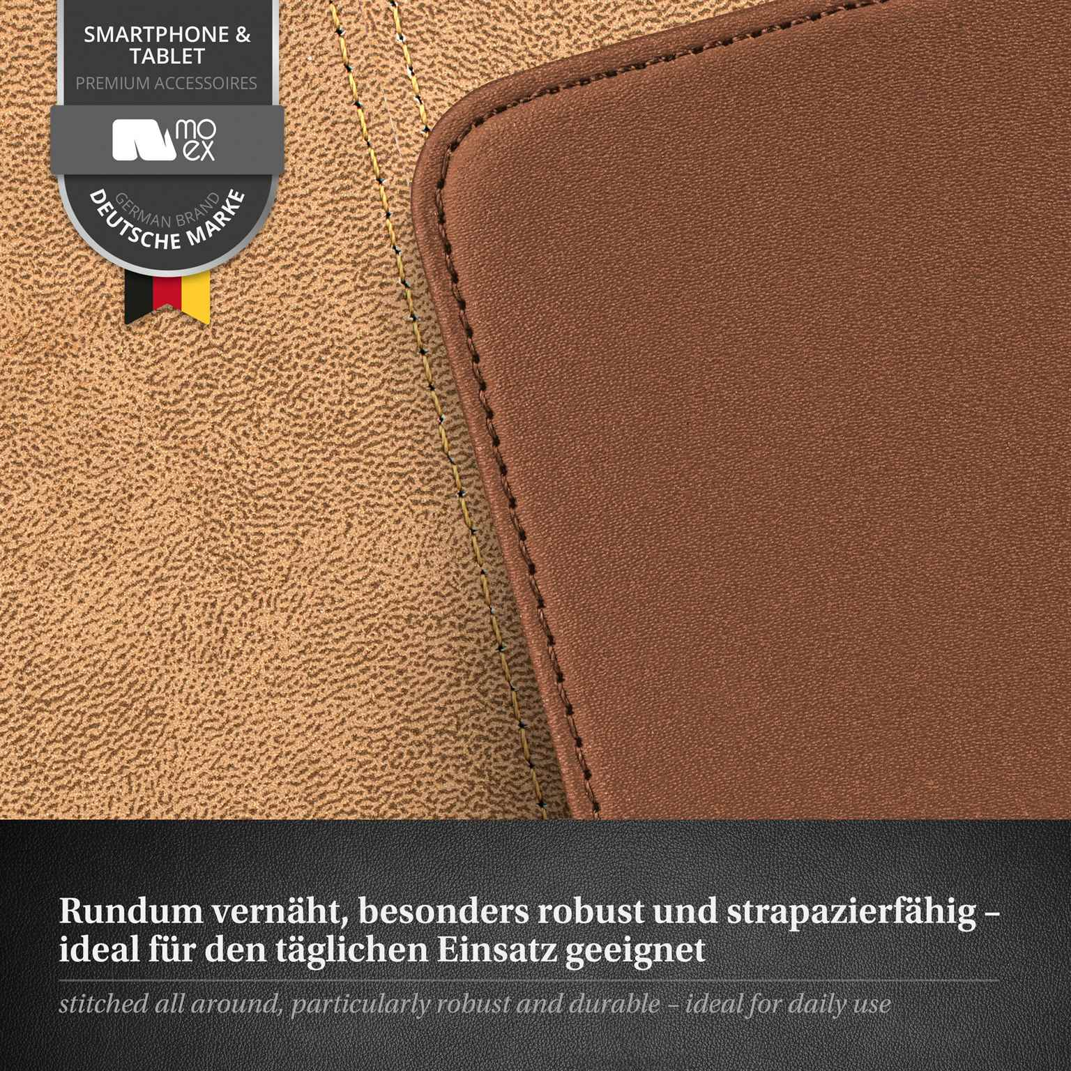 Nahaufnahme einer braunen Leder-Handyhülle. Genähte Kanten und strukturierter Hintergrund.