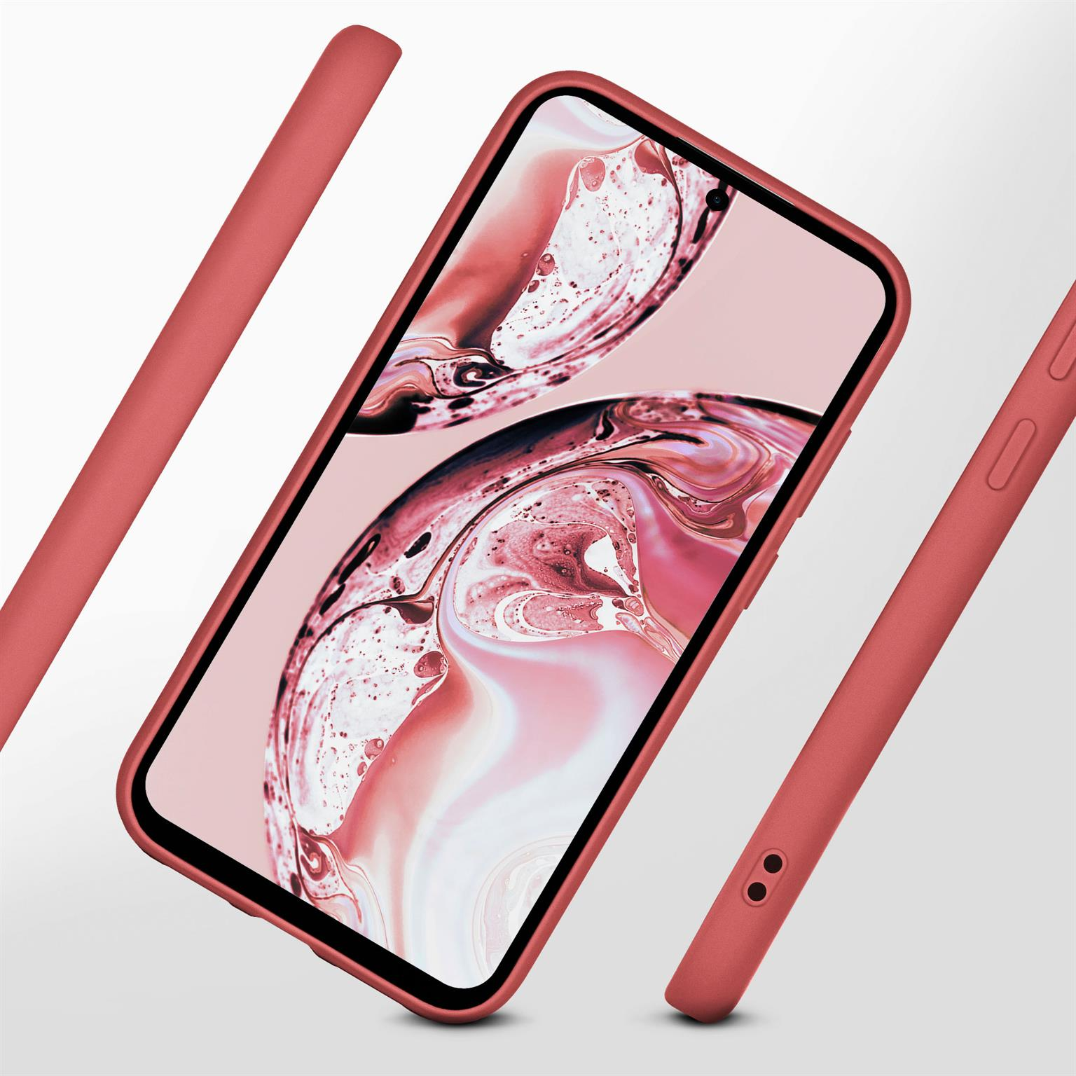 Rote Handyhülle und ein Handy darin. Einige Teile der Hülle sind getrennt. Rosa Hintergrund. Schräge Ansicht.