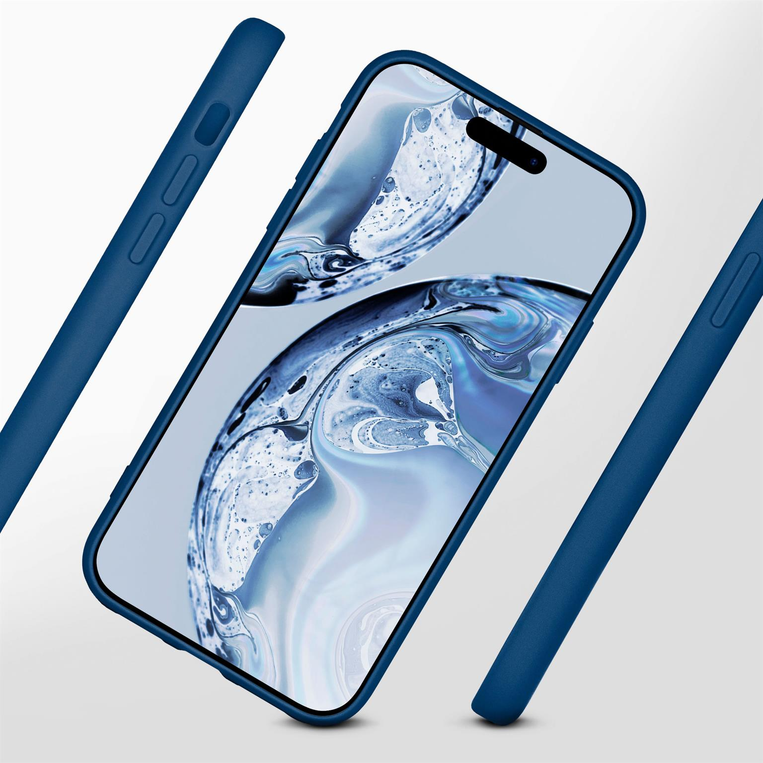 Eine blaue Handyhülle mit einem Telefon darin und drei zusätzlichen Hüllen. Der Hintergrund ist weiß.