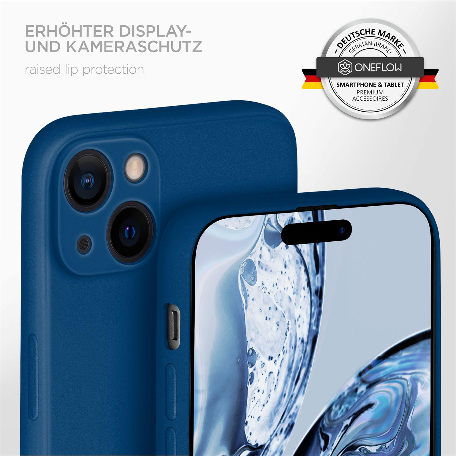 Blaue Handyhülle um Telefon mit Kameraschutz. Deutsches Markenlogo oben rechts.