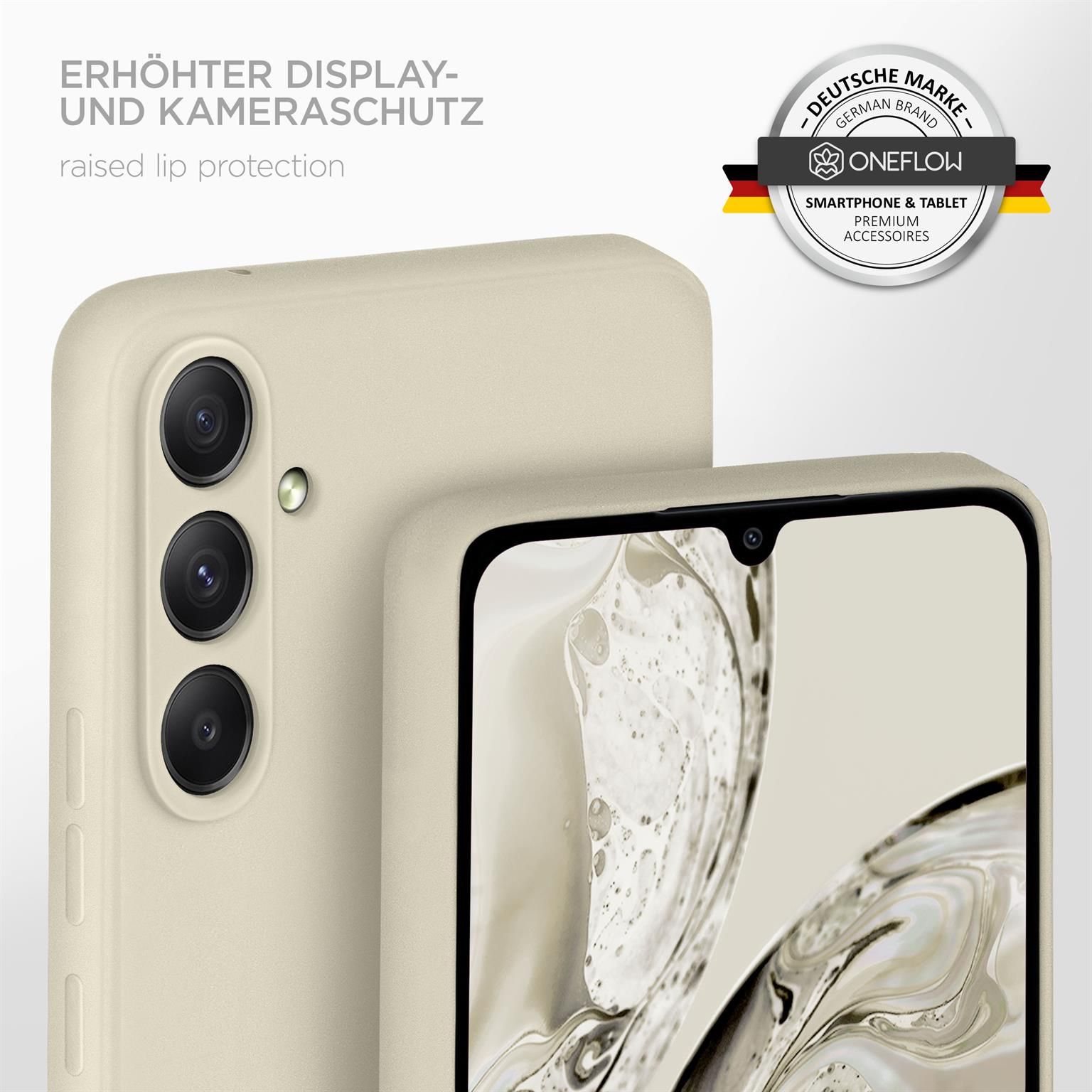 Beige Telefon und Hülle Nahaufnahme. Weißer Hintergrund. Deutsches Markenlogo.