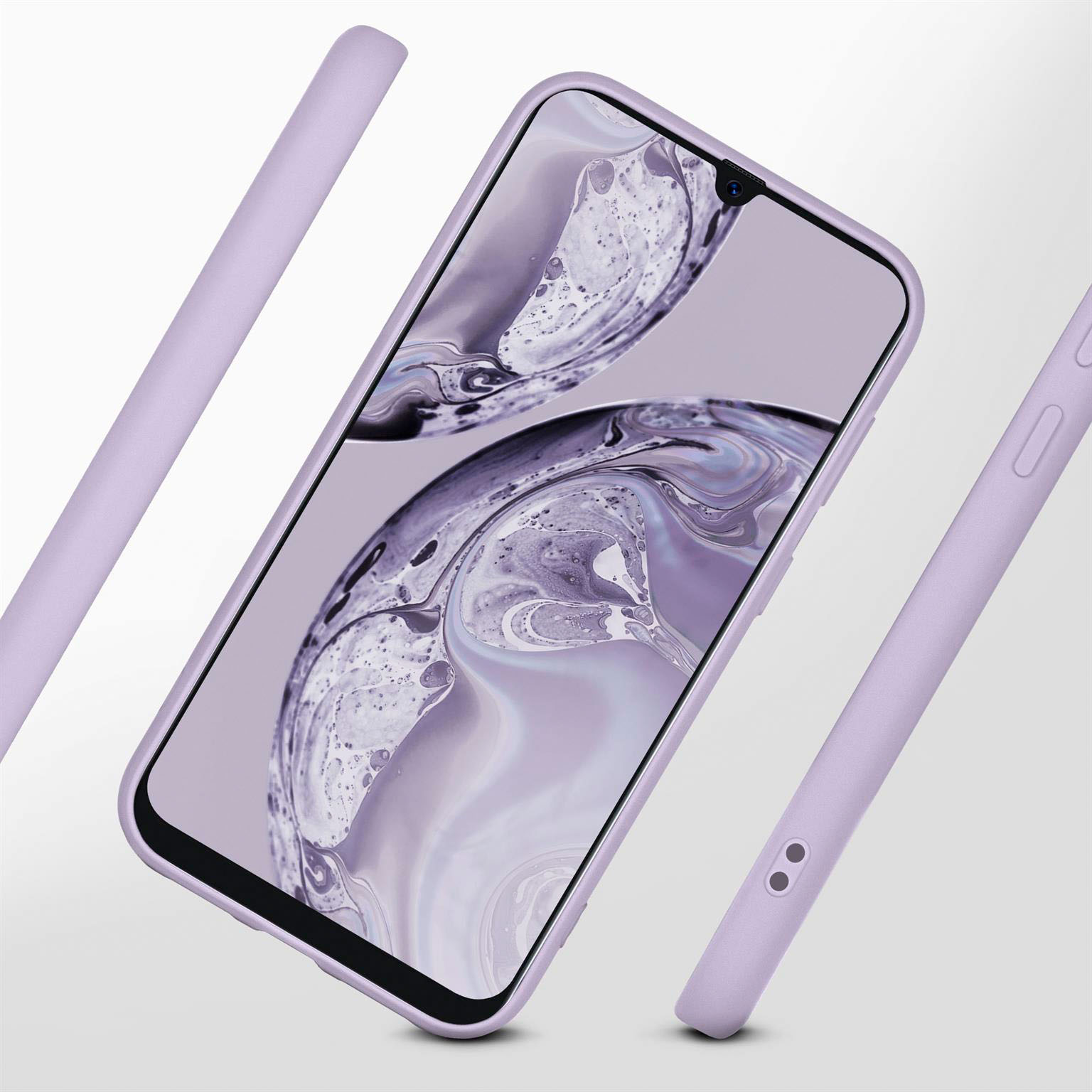 Ein Telefon in einer lila Hülle. Der Hintergrund ist helllila. Das Telefon hat einen Displayschutz.
