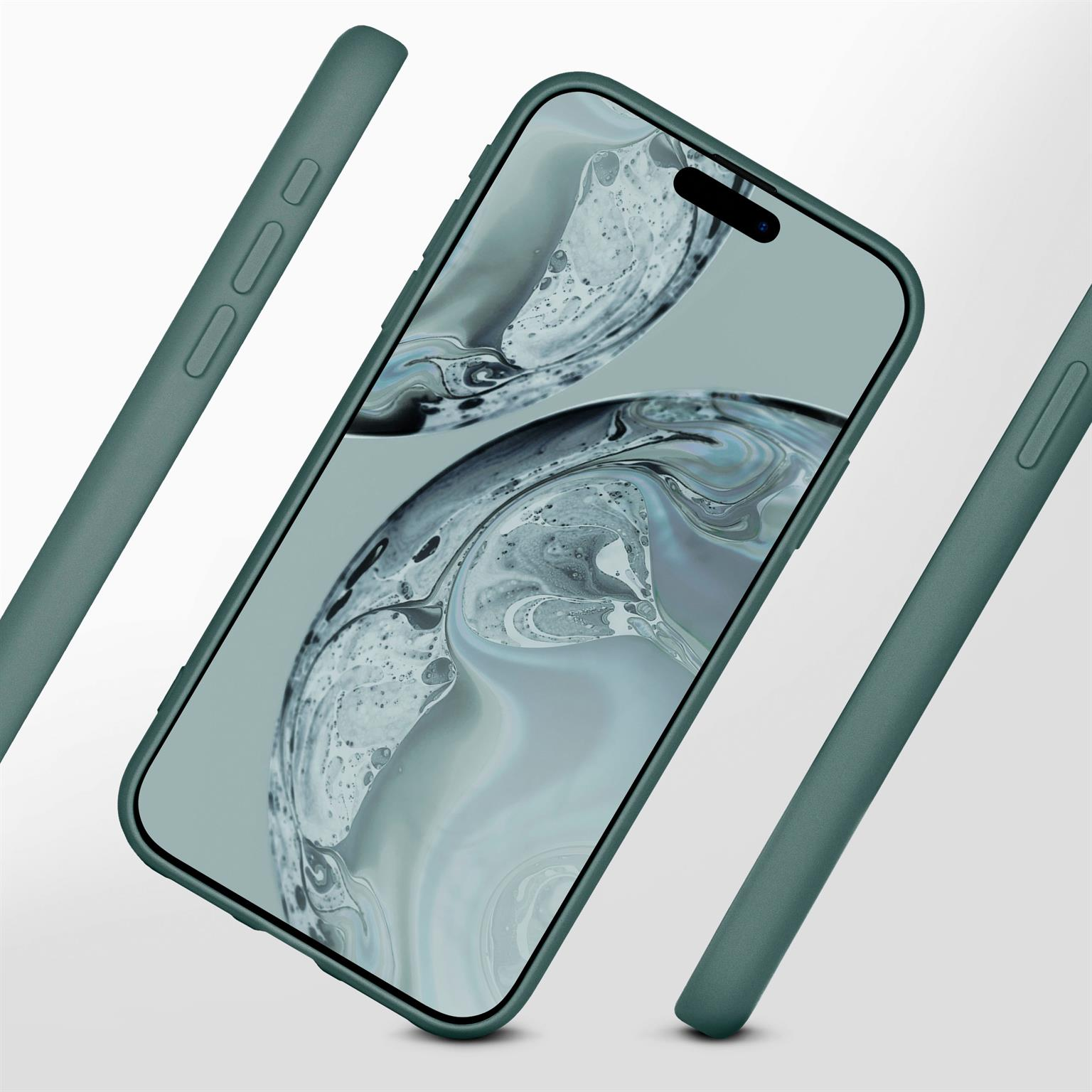 Telefon und Hülle, grüne Farbe. Winkelansicht des Telefons, Teile der Hülle sind ebenfalls sichtbar.