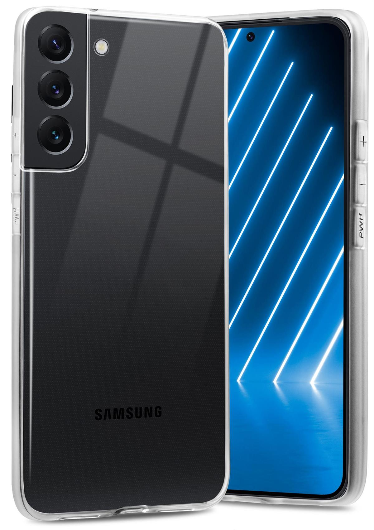 Transparente Handyhülle auf einem Telefon. Das Telefon zeigt ein blaues Lichtmuster.