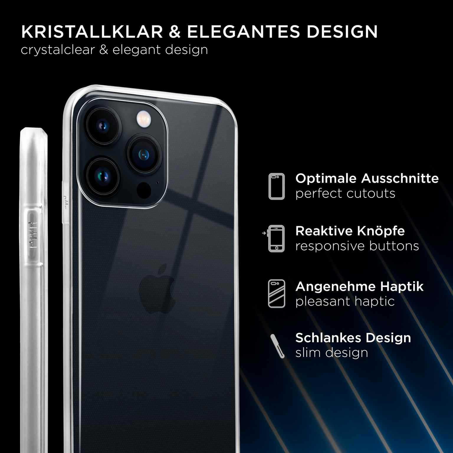 Transparente Handyhülle auf einem schwarzen Telefon. Text auf Deutsch.