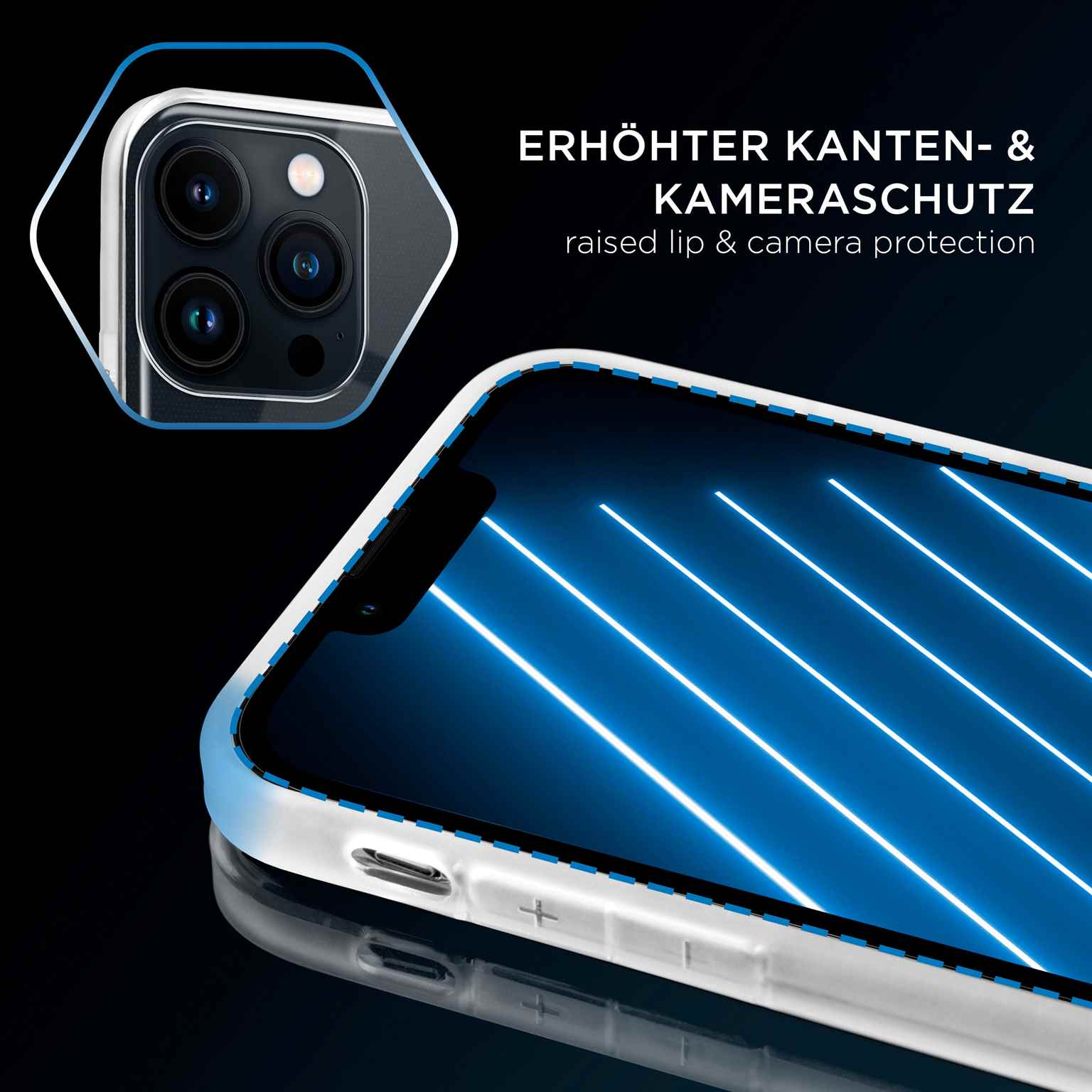 Handyhülle mit erhöhtem Kameraschutz. Telefonbildschirm mit blauen Linien. Text: Erhöhter Rand & Kameraschutz.