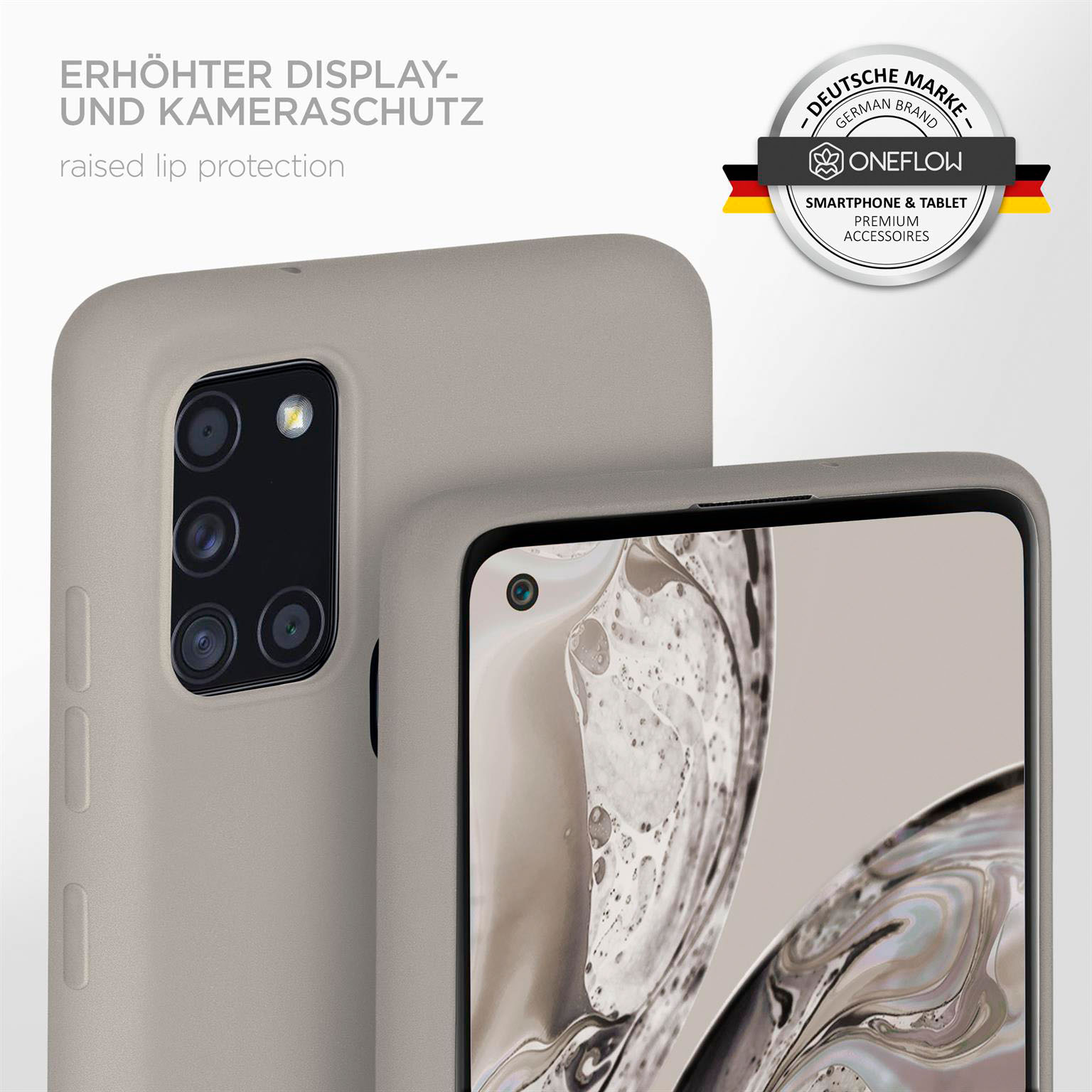 Eine graue Handyhülle mit Telefon. Die Hülle hat erhöhten Lippenschutz.