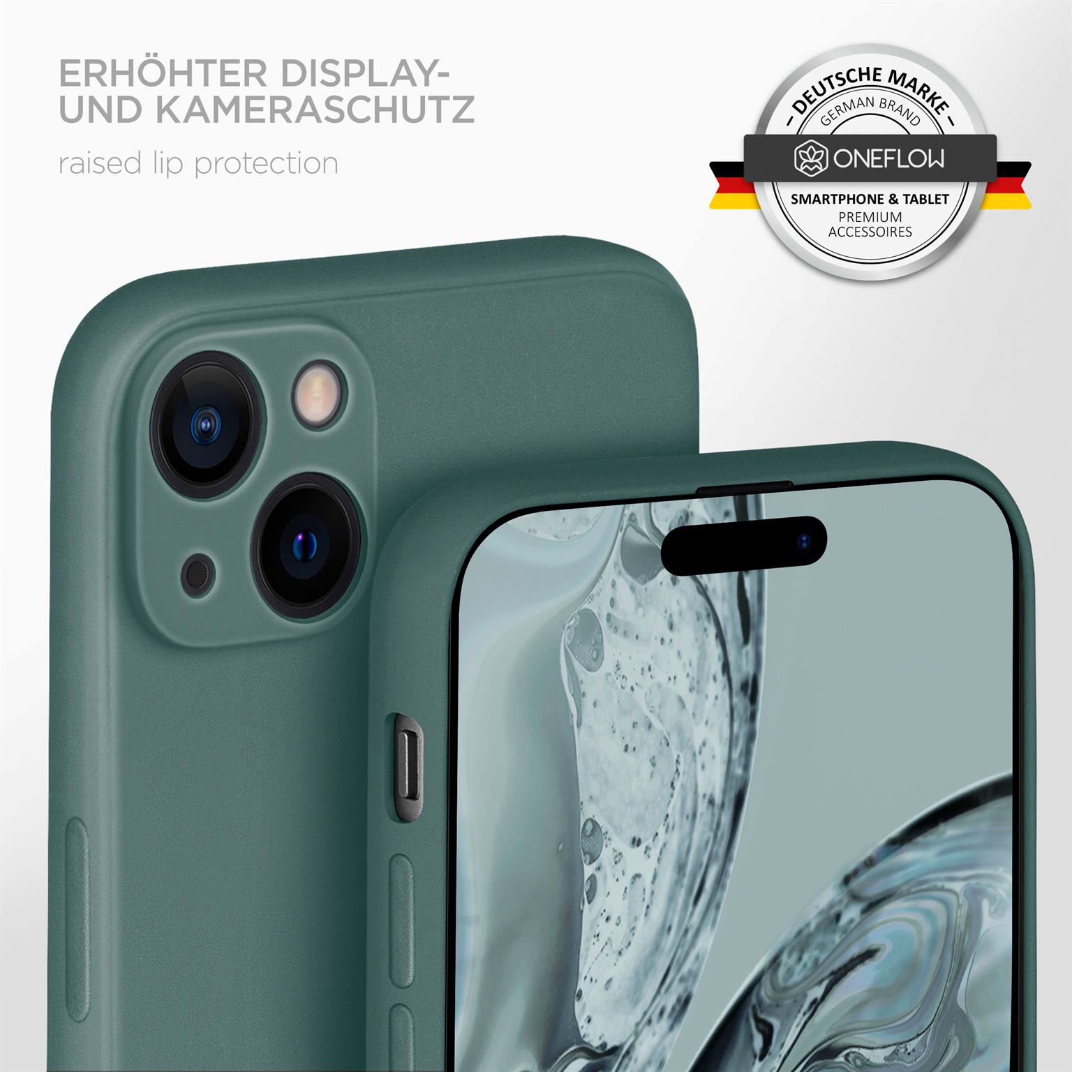Zwei grüne Handyhüllen, eine oben, eine mit Telefon, und ein Logo rechts oben.