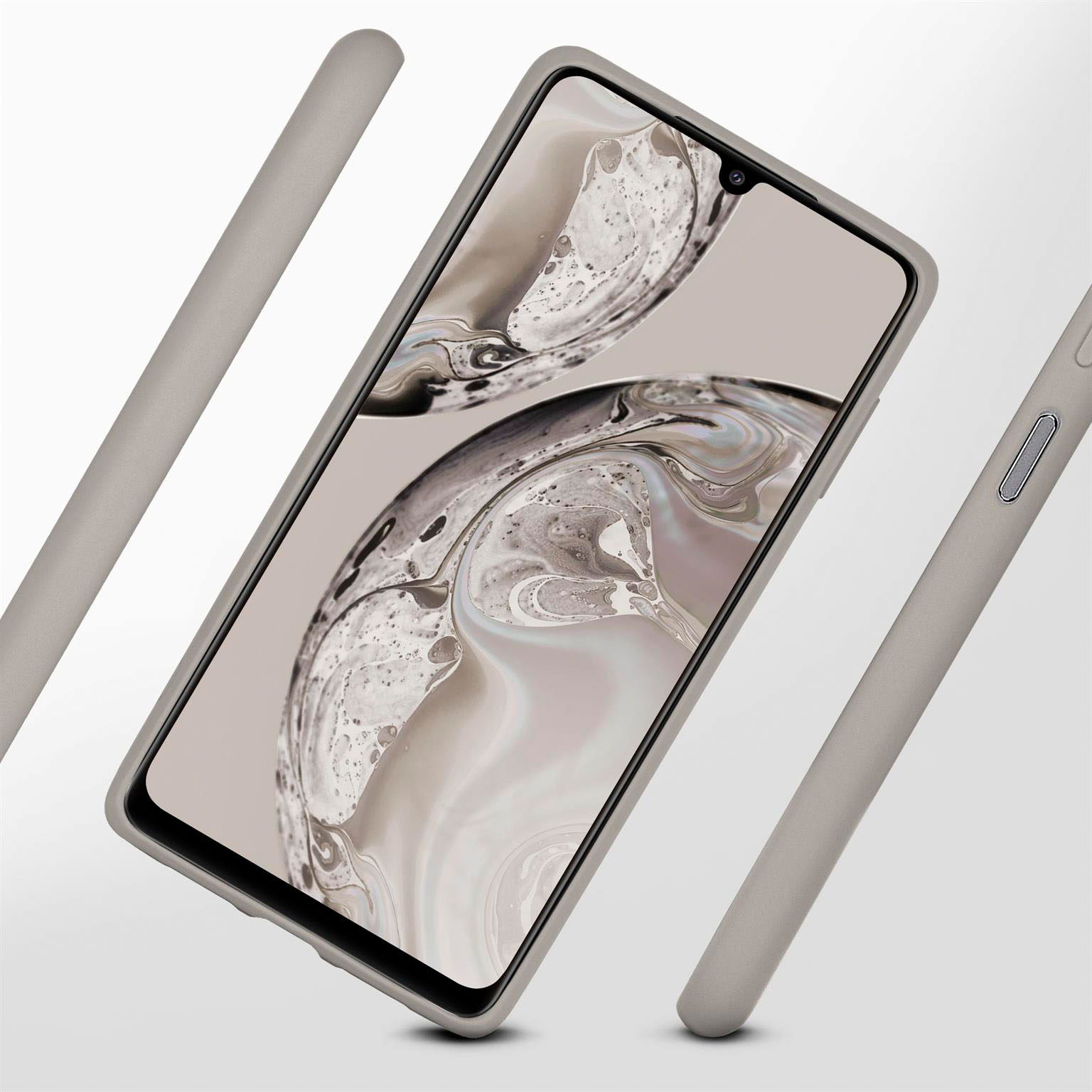 Ein Telefon in einer hellgrauen Hülle. Das Telefon ist abgewinkelt. Im Hintergrund befinden sich zwei zusätzliche Gehäuseteile.