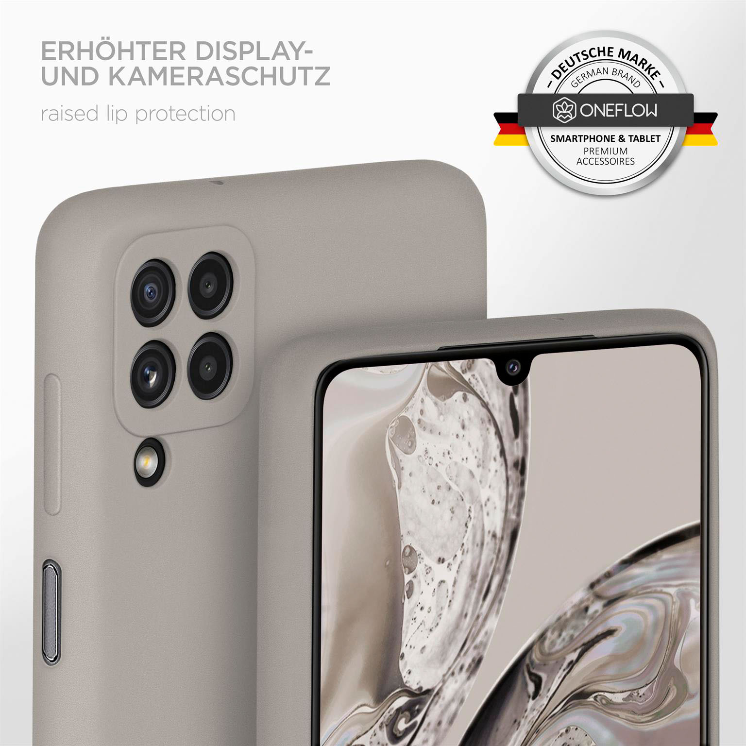 Telefon mit grauem Gehäuse. Nahaufnahme des Telefons und des Gehäuses. Das Gehäuse hat erhöhte Ränder.