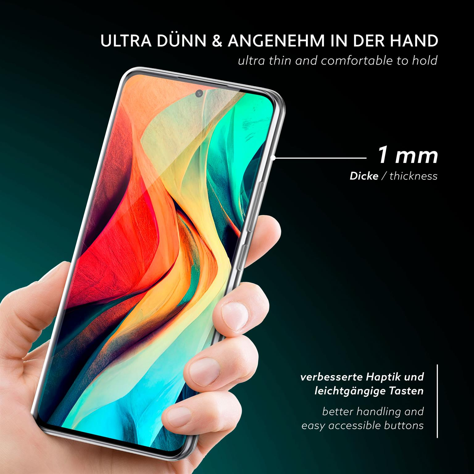 Eine Hand hält eine transparente Handyhülle, in der sich das Telefon befindet. Die Hülle ist dünn.