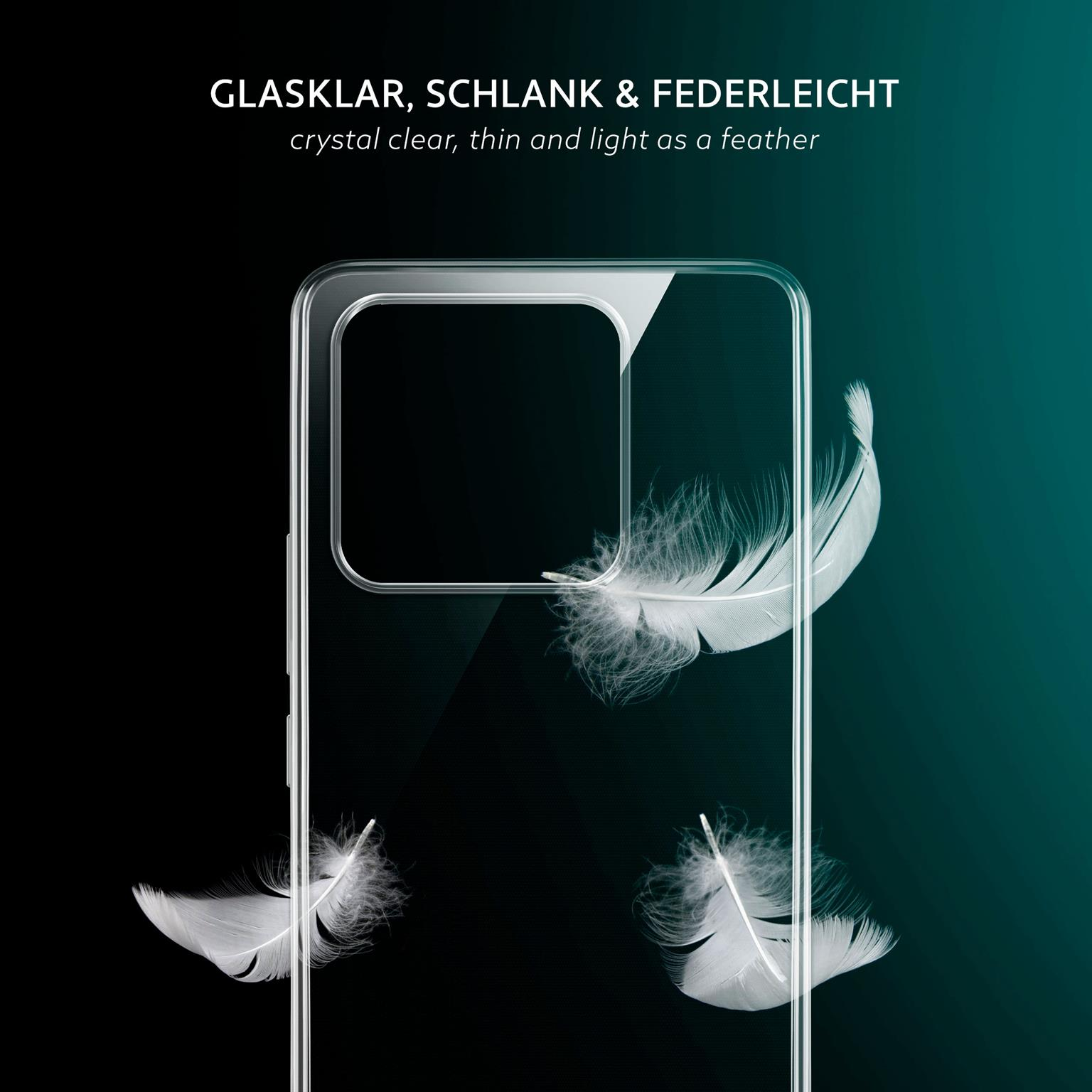 Transparente Handyhülle mit Federelementen, die davor schweben, vor dunklem tealfarbenem Hintergrund.