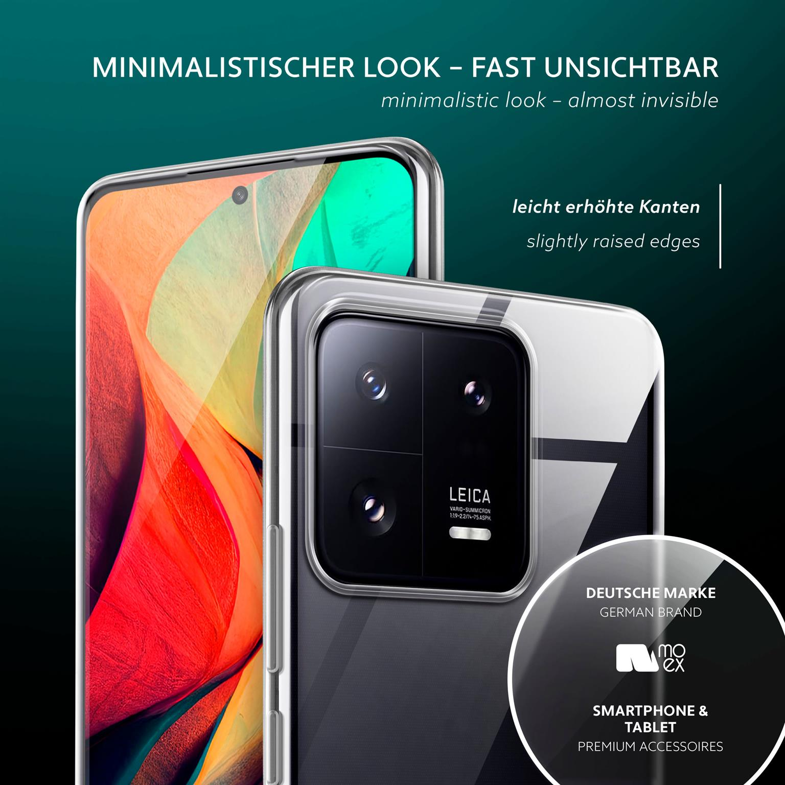 Ein Telefon in einer transparenten Hülle. Text auf Deutsch. Deutsches Markenlogo.