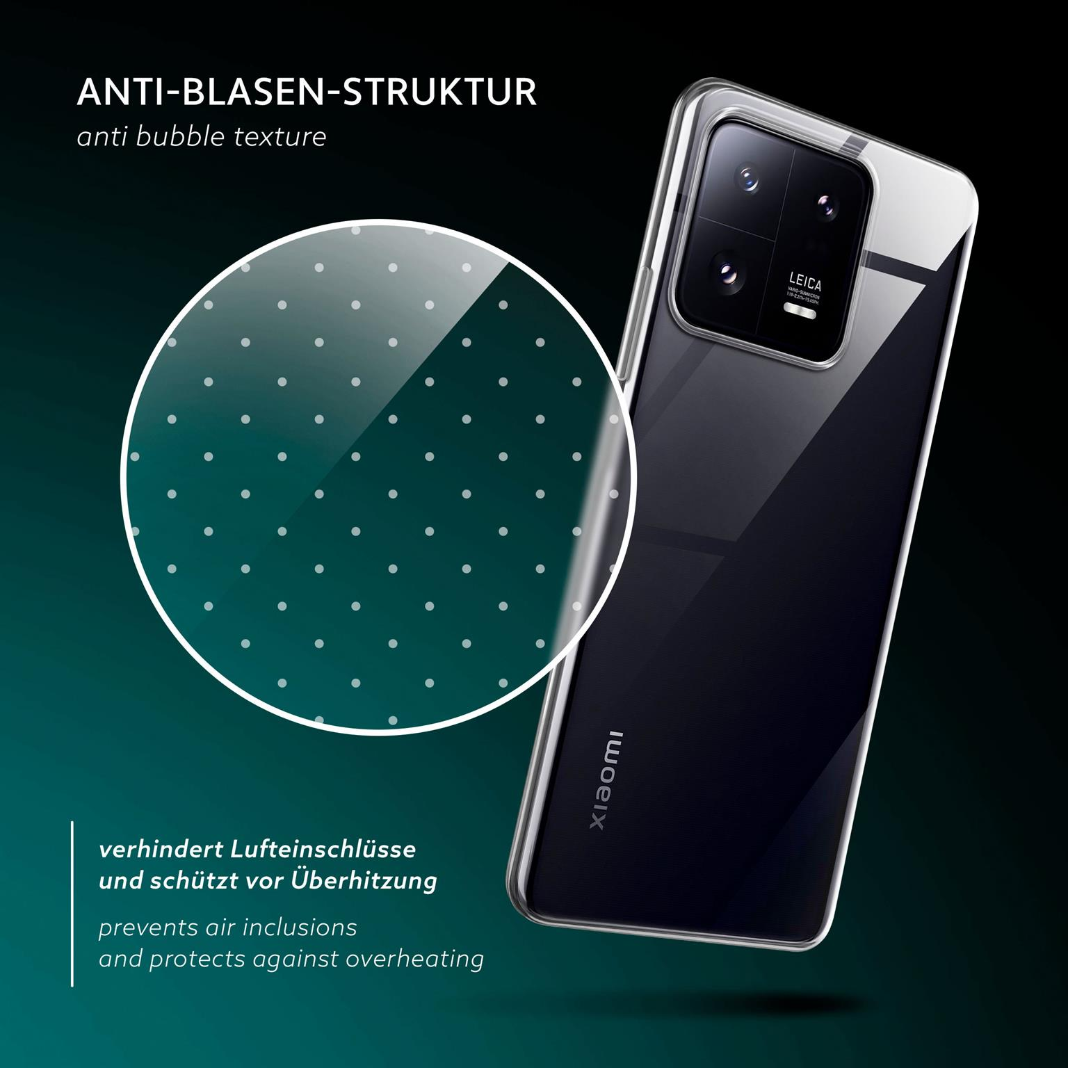 Transparente Handyhülle auf einem Telefon. Die Hülle hat eine Blasenstruktur. Dunkler Hintergrund.