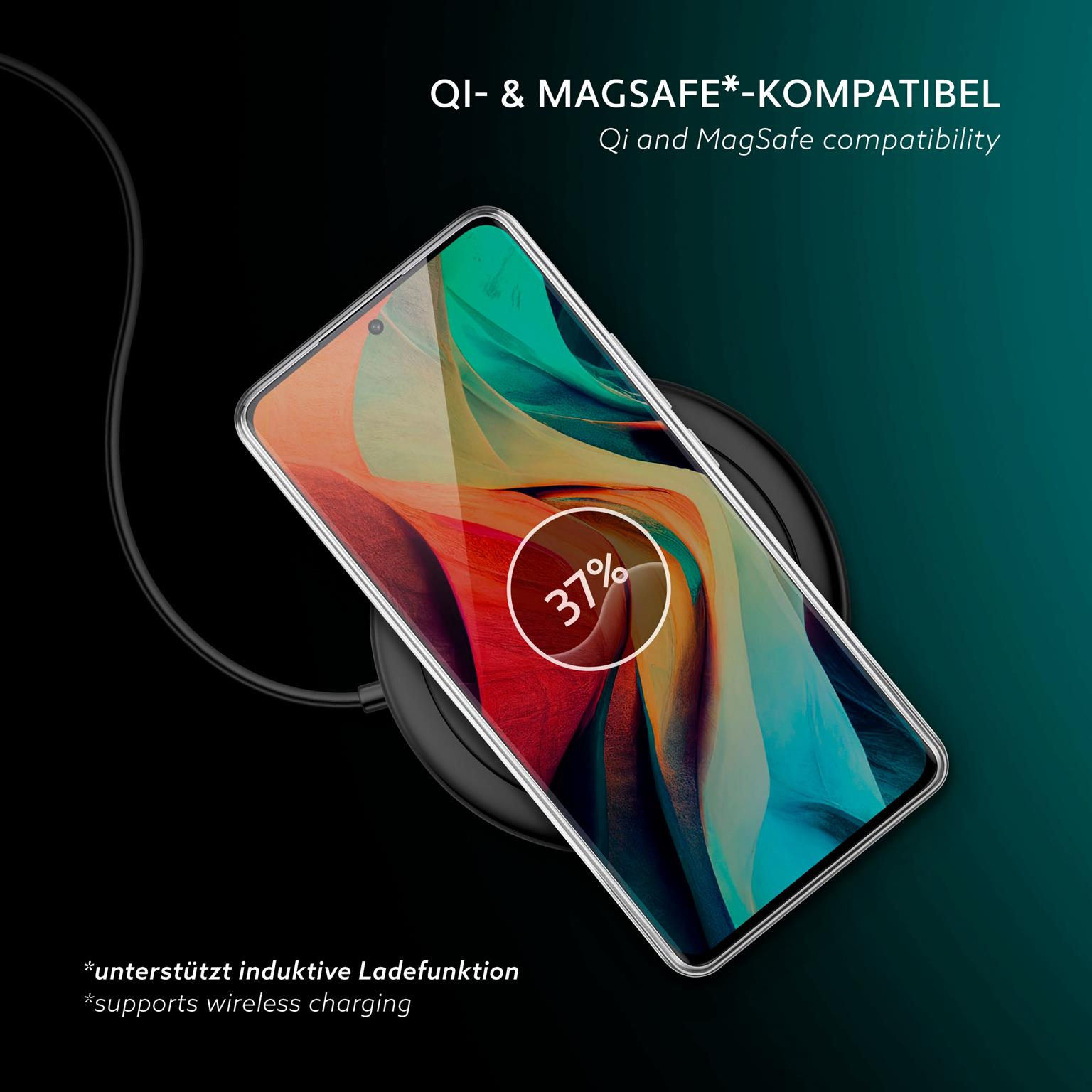 Telefon lädt auf kabellosem Ladegerät, zeigt 37% Akku, mit transparenter Hülle.
