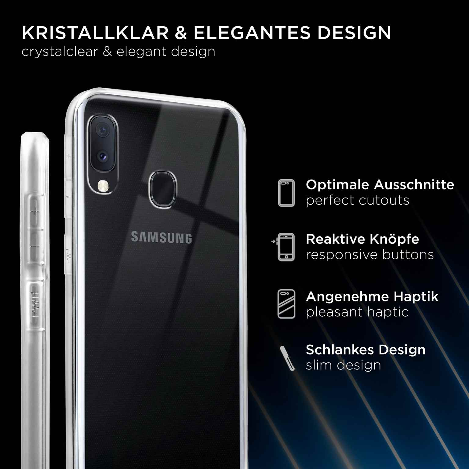 Transparente Handyhülle auf schwarzem Handy. Samsung Logo sichtbar. Text über Aussparungen, Knöpfe, Haptik, Design.