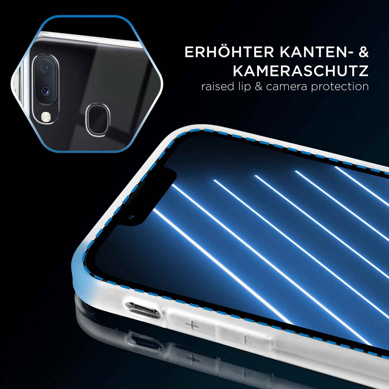 Ein Telefon in einem weißen Rahmengehäuse auf dunkler Oberfläche. Text: 'erhöhter Kanten- & Kameraschutz'. Die Oberseite des Telefons ist sichtbar.