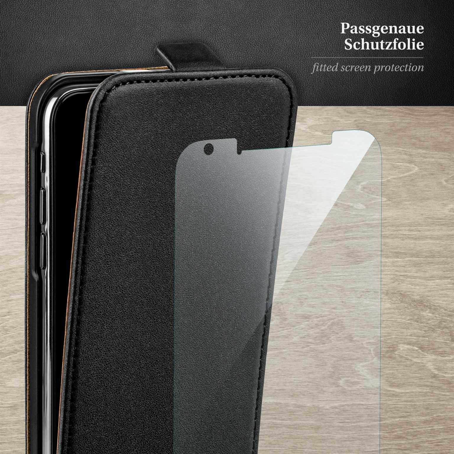 Schwarzes Telefon mit angebrachter Displayschutzfolie. Der Hintergrund ist Holz.