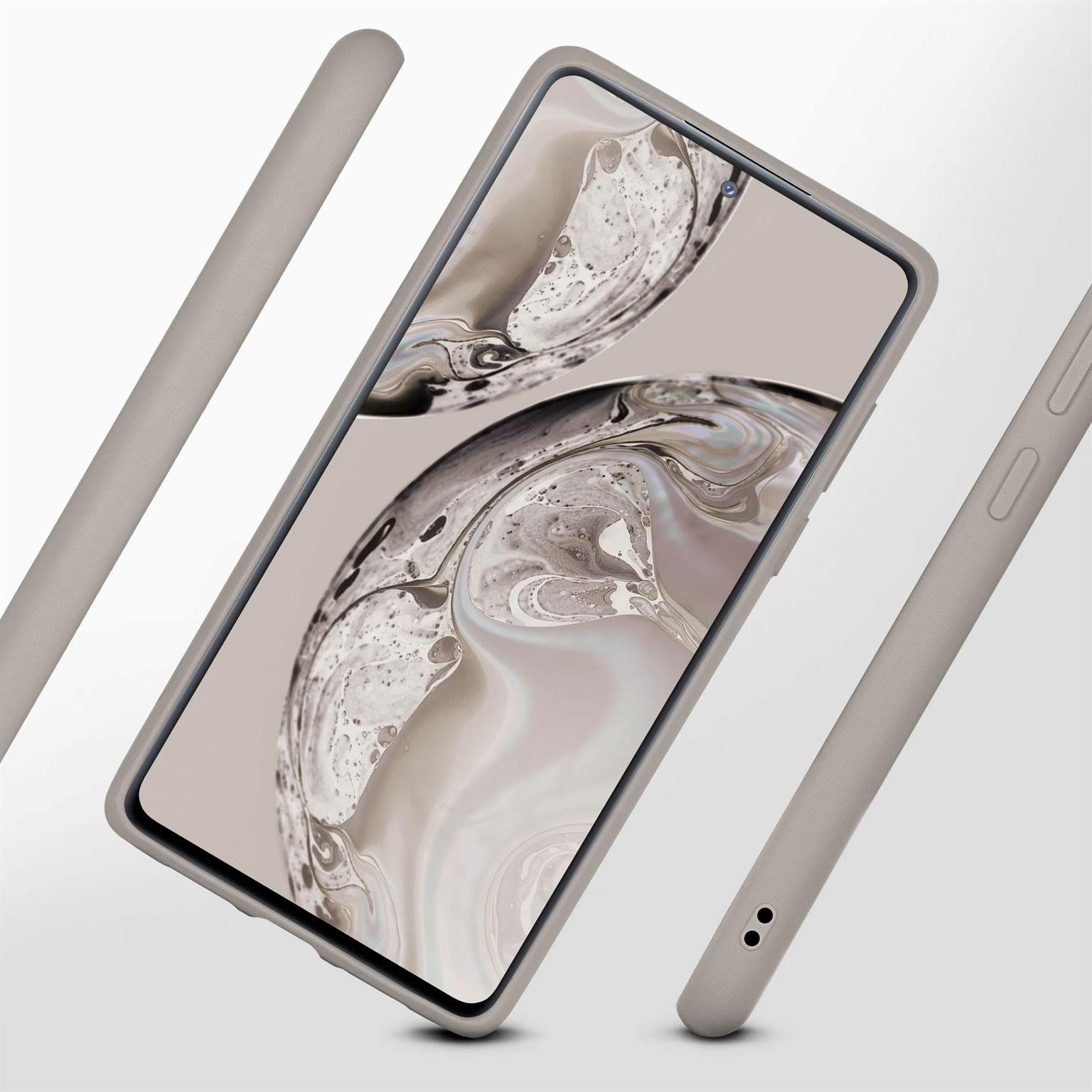 Telefon in grauer Hülle. Telefon abgewinkelt, mit Hülle. Zwei weitere Hüllenteile sind gezeigt.