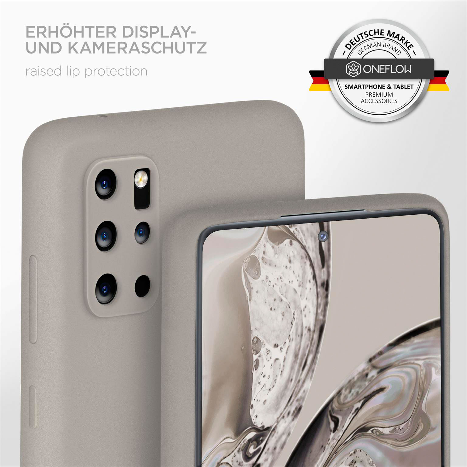 Handyhülle mit erhöhtem Rand um die Kamera. Das Telefon ist in einer Hülle mit grauem Finish. Oneflow-Marke.