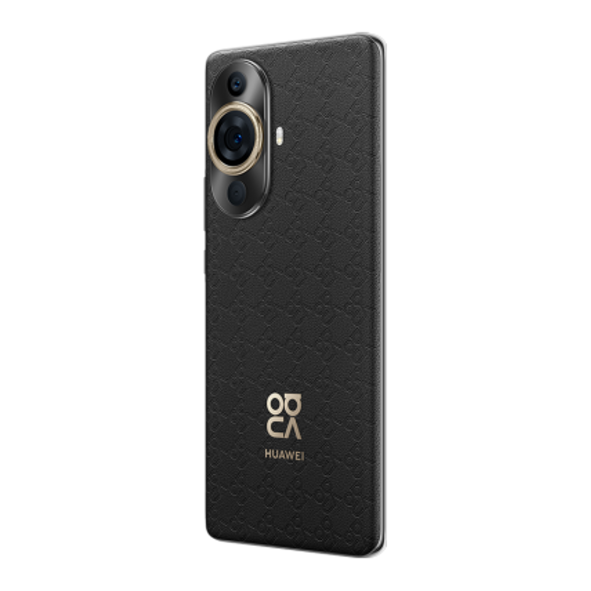 Altın kamera halkası ve Huawei logolu siyah telefon. Arka yüzeyde desenli bir doku var.