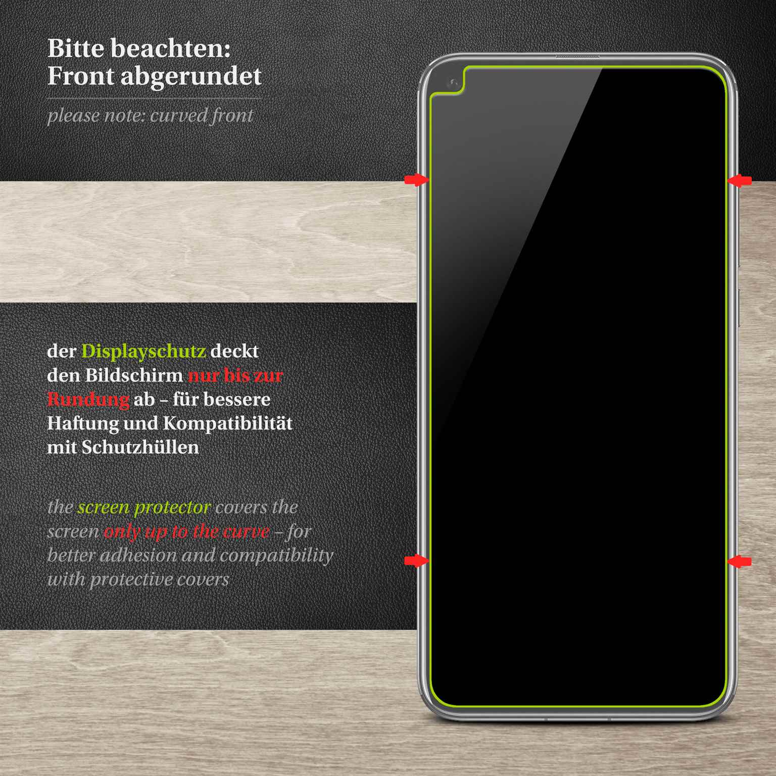 Auf einem Telefon ist eine Displayschutzfolie angebracht. Pfeile und Text weisen darauf hin, dass der Schutz nur bis zur Krümmung reicht.