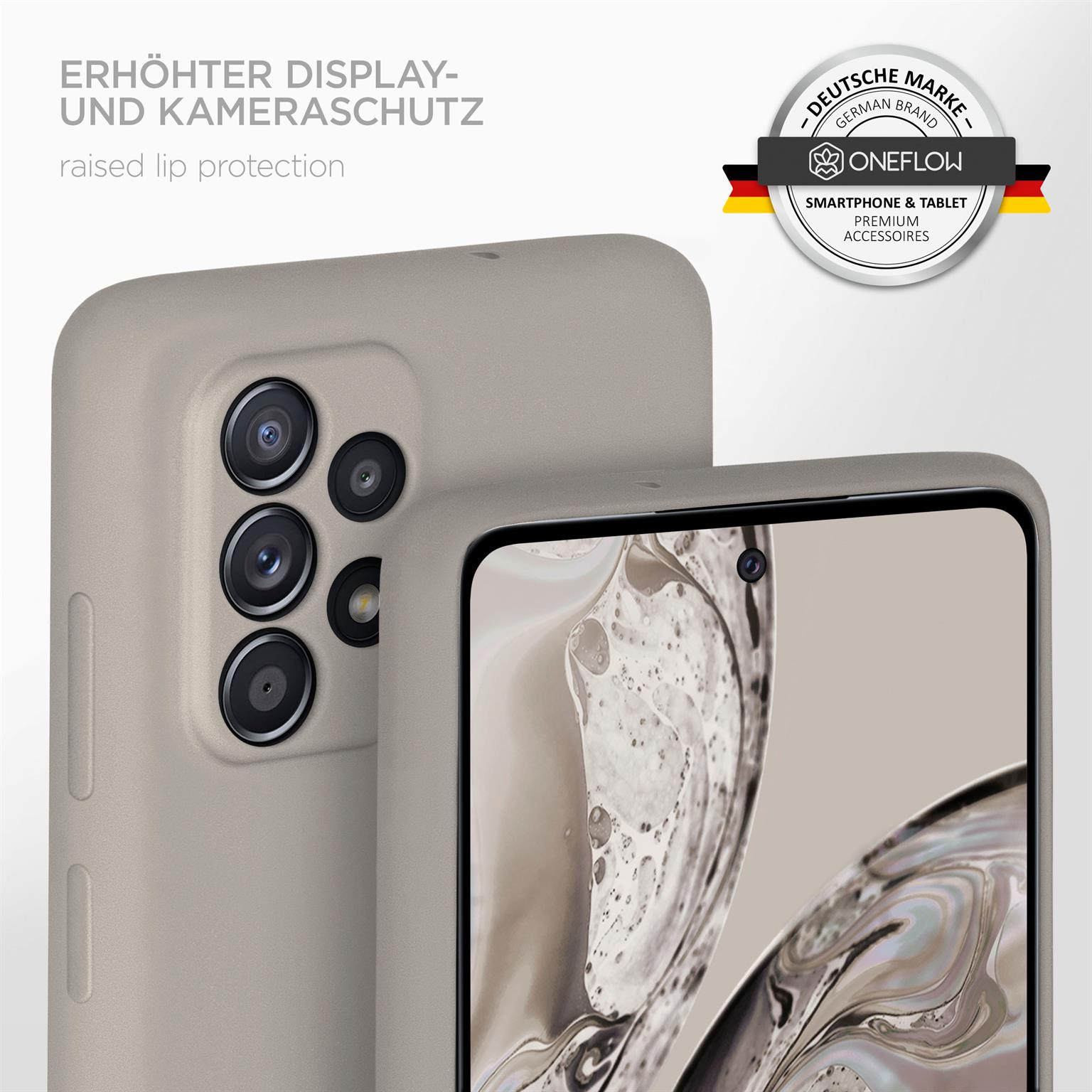 Handyhülle mit Kameraschutz. Text: Erhöhter Lippenschutz. Markenlogo und deutscher Marken-Text sind sichtbar.