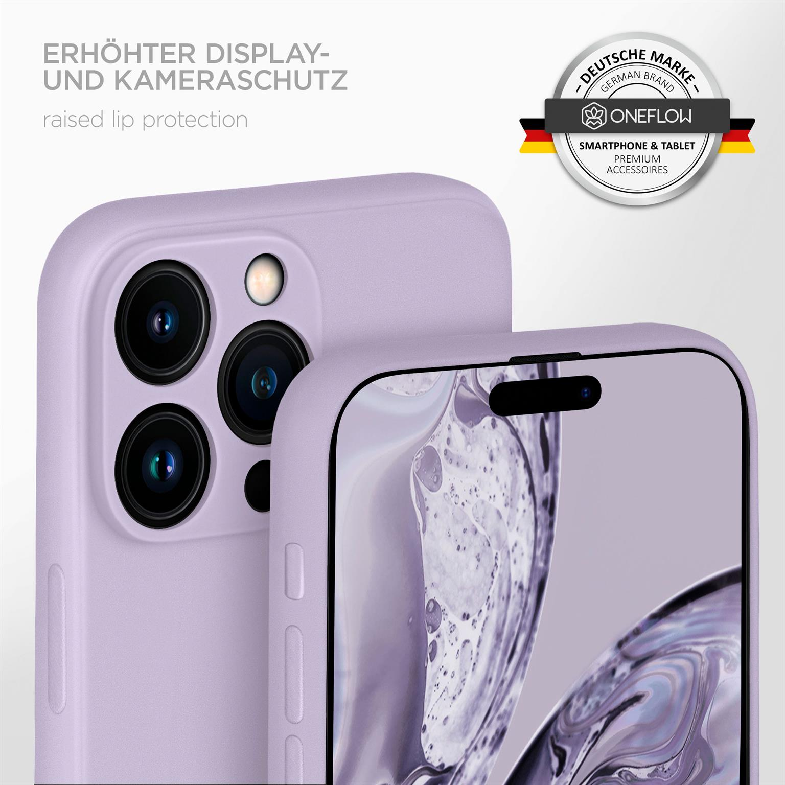 Handyhülle mit erhöhtem Kameraschutz, lila, Telefon sichtbar.