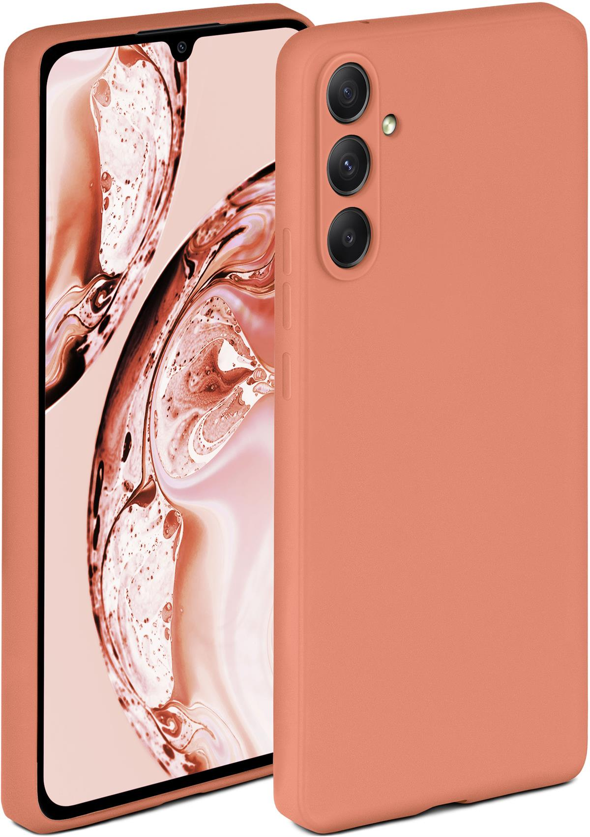 Oranges Telefon mit orangefarbener Hülle. Die Hülle hat ein Kameramodul.
