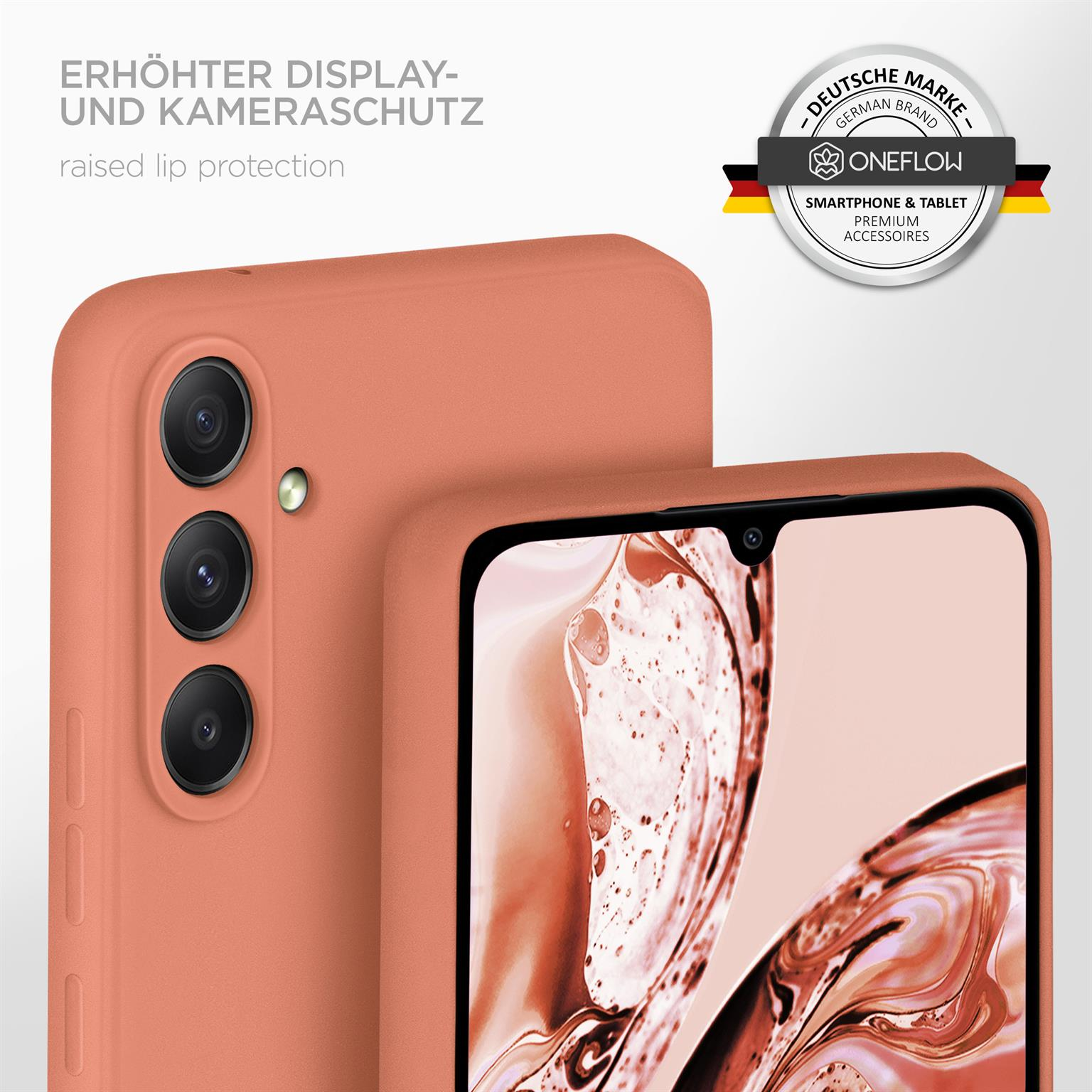 Zwei orange Handyhüllen, eine oben, eine mit Telefon, und ein Logo rechts oben.