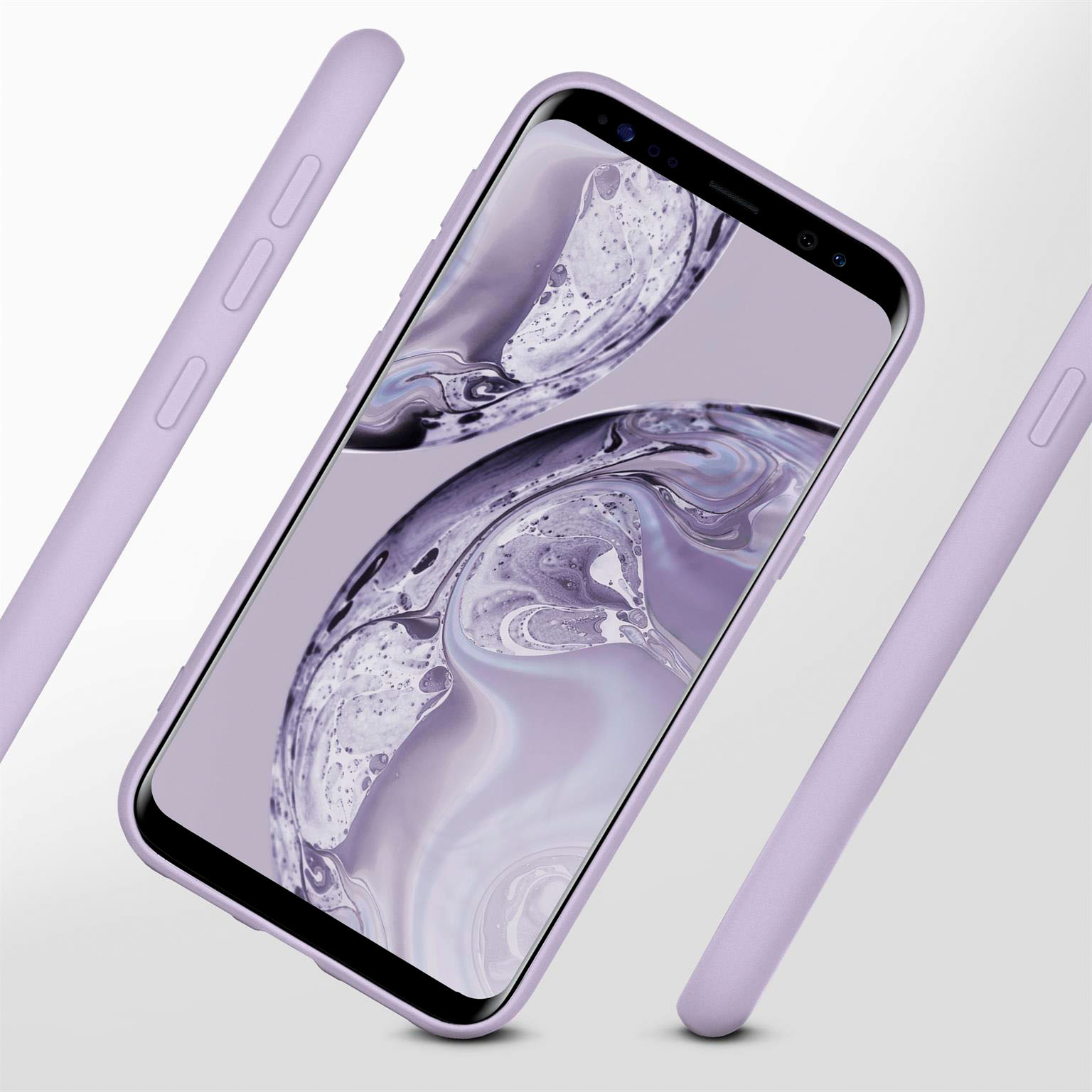 Lilafarbenes Telefon mit lilafarbenen Hüllen. Telefonbildschirm zeigt lilafarbenes Design. Hüllen um das Telefon.