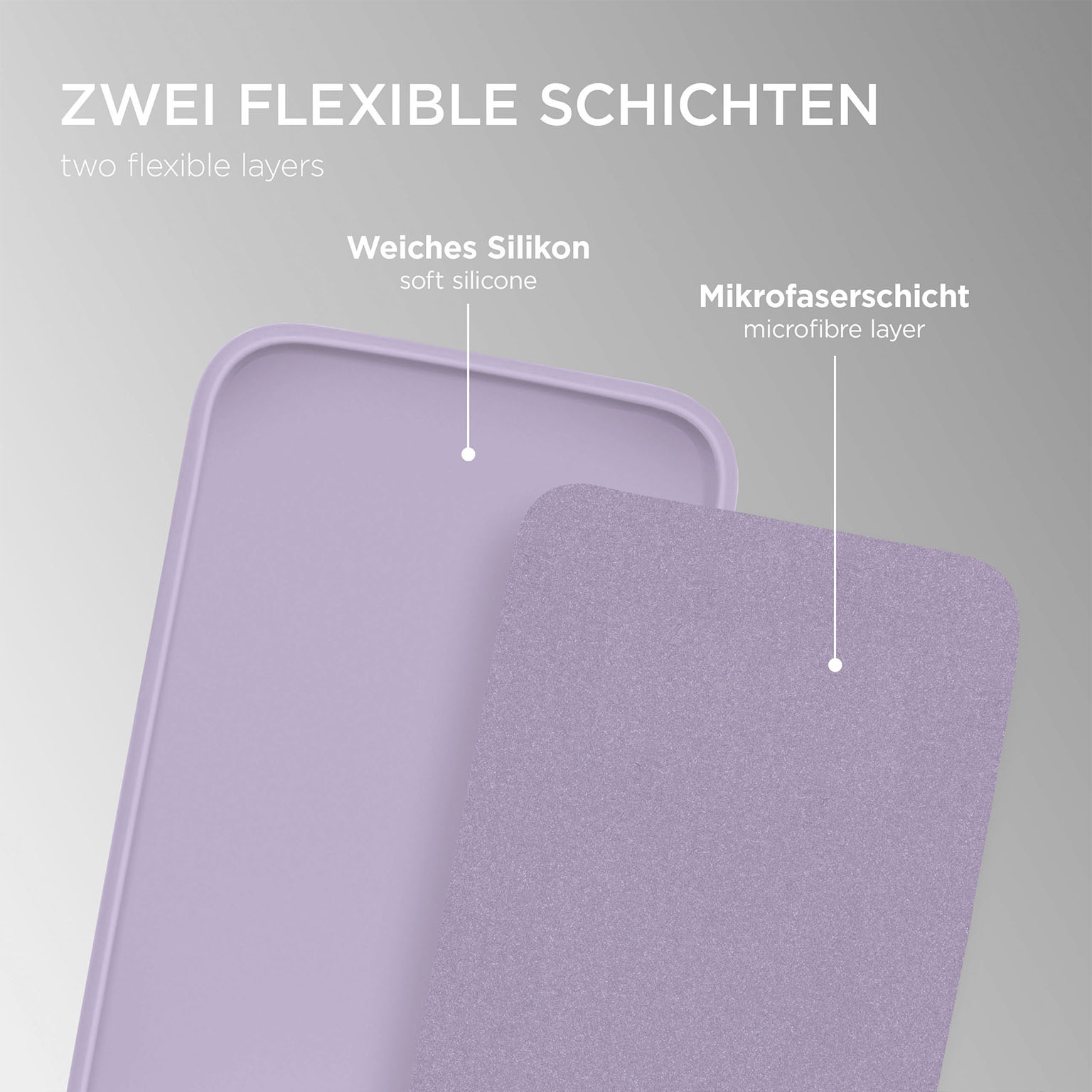 Zwei flexible Schichten der Handyhülle. Weiches Silikon und Mikrofaserschicht sind sichtbar.