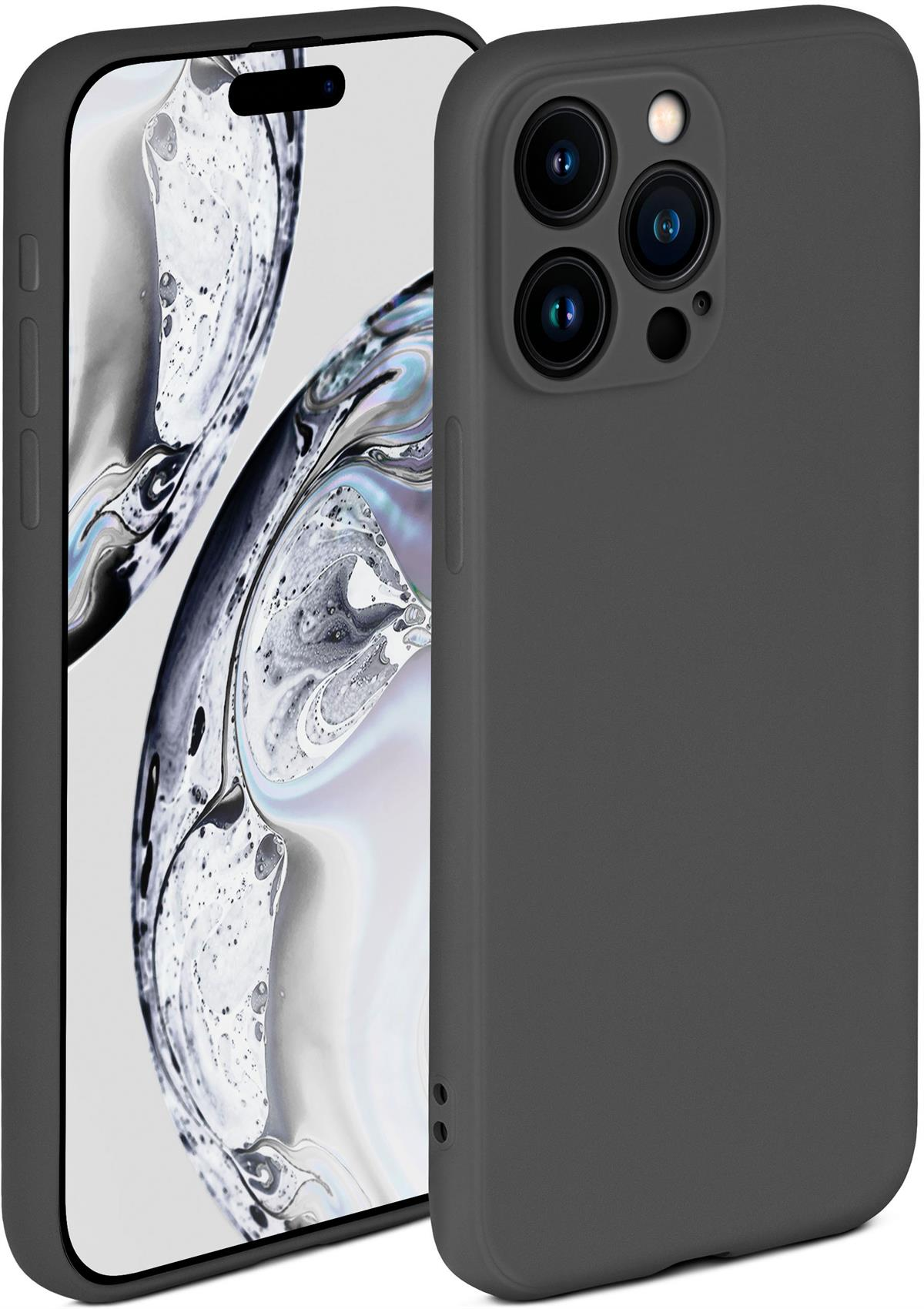 Dunkelgraue Handyhülle auf einem Telefon, Seitenansicht. Telefonbildschirm links, Design.